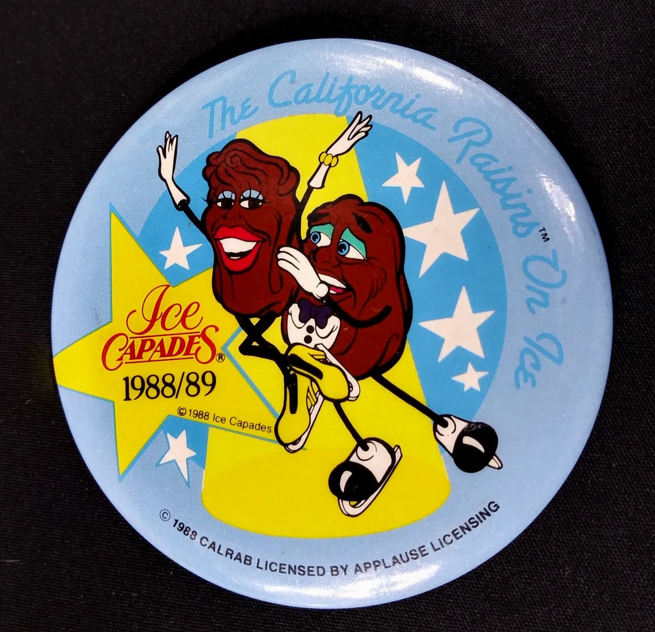 Vintage California Raisins Ice Capades 3.5" Pinback Button CALRAB Applause 1988