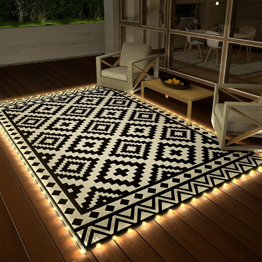 HAUSHOF 8FT Outdoor Rug Waterproof LED Strip Light Reversible Plastic Straw Rugs