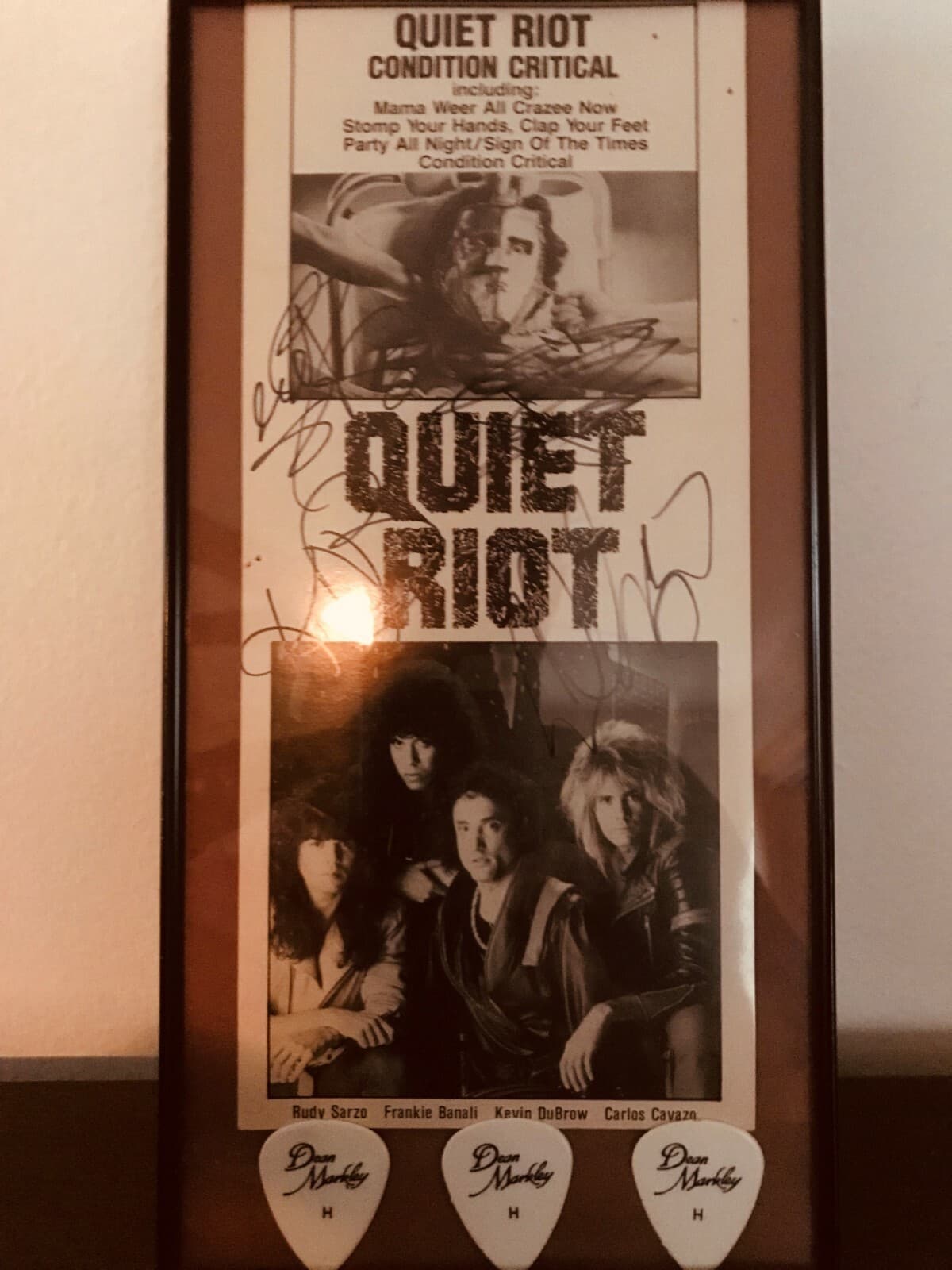 QUIET RIOT hand signed in a frame + 3 Cavazo PICKS lot all 4 DuBrow Sarzo Banali