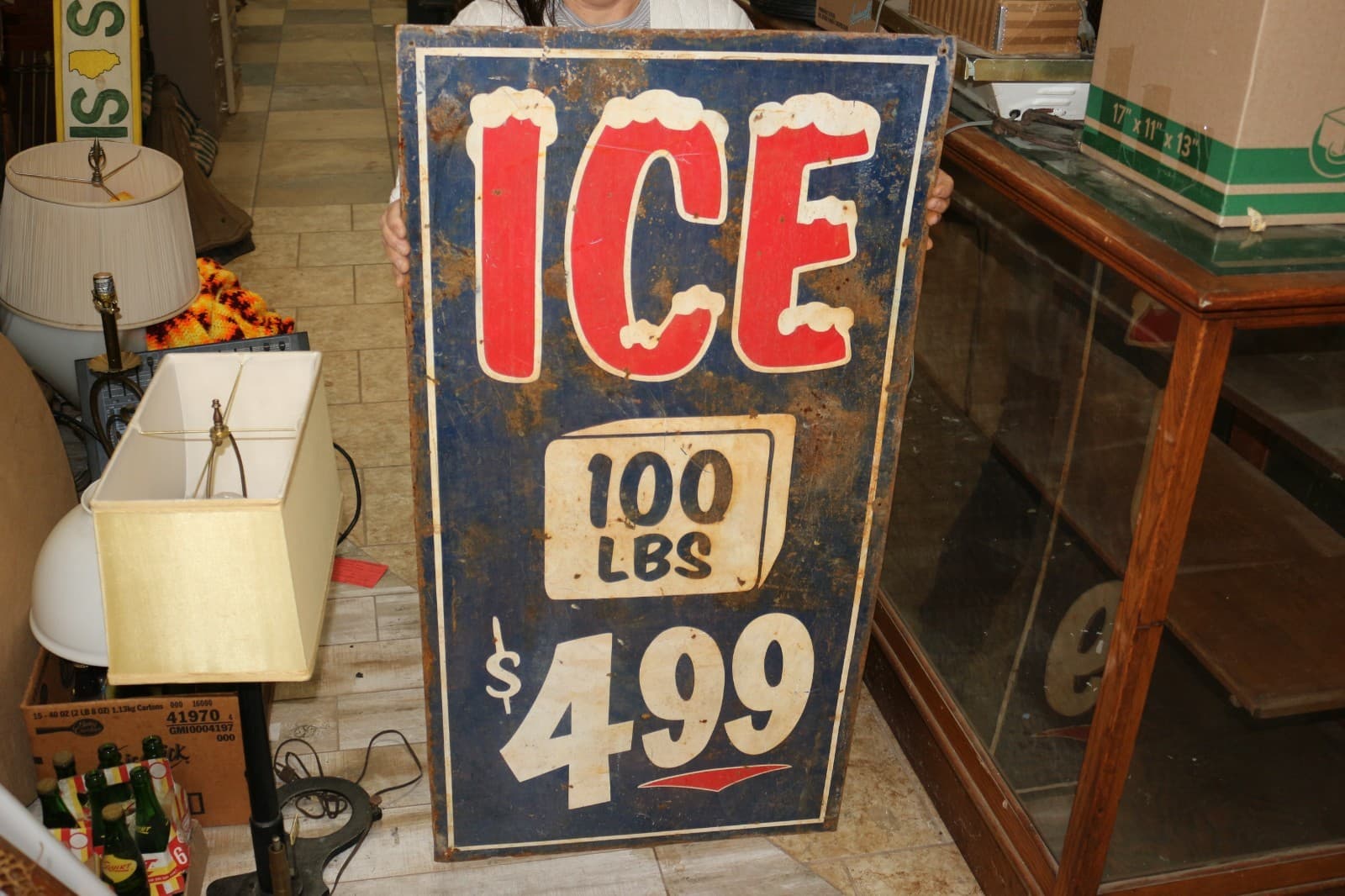 Large 24"x48" Vintage Ice 100Lbs $4.99 Beer Soda Pop General Store Metal Sign