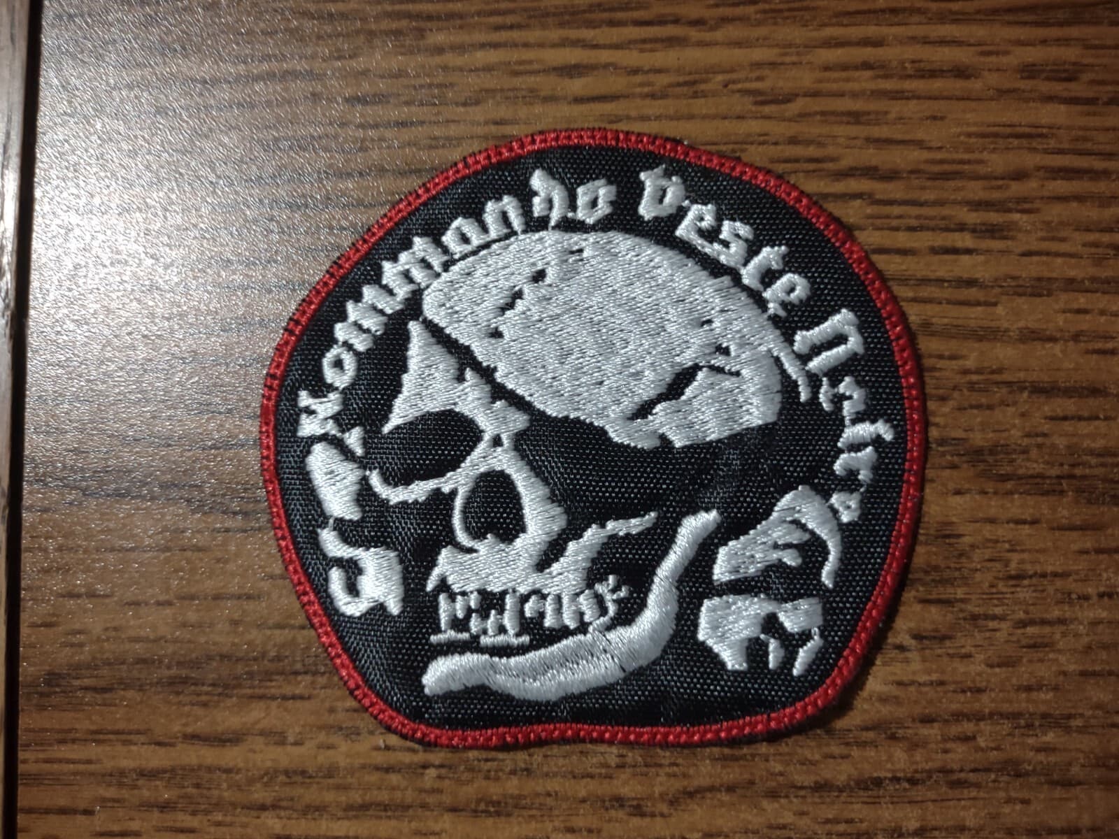 KOMMANDO PESTE NOIRE,SEW ON WHITE WITH RED BORDER EMBROIDERED PATCH