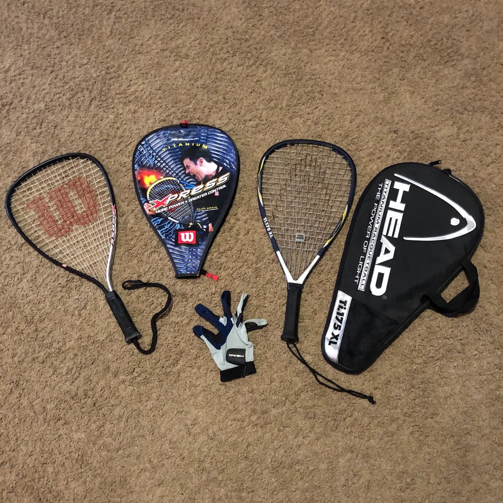 (2) TITANIUM Racquetball Rackets & Carrying Cases LOT w Glove WILSON HEAD L@@K!