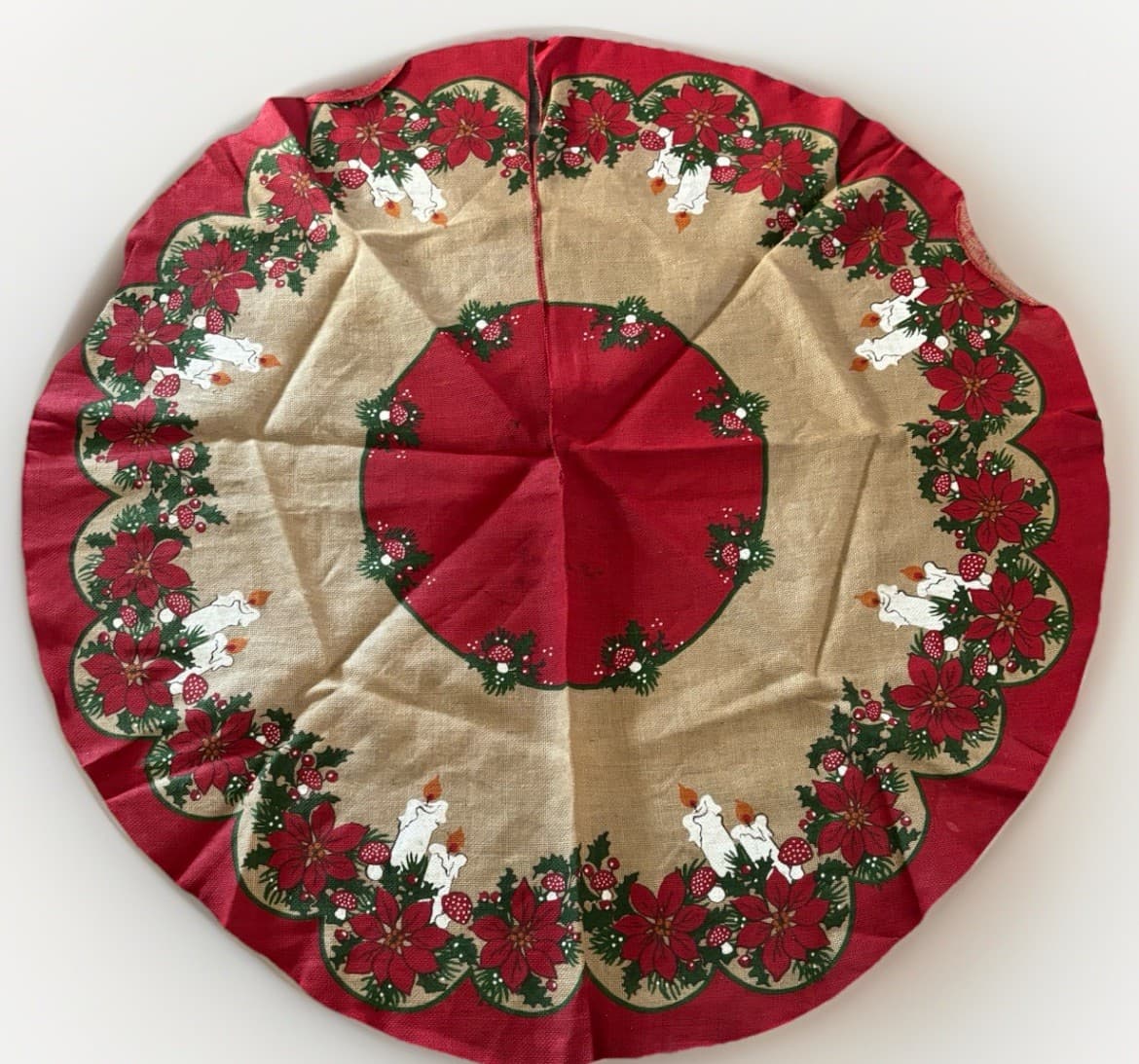 Vtg Scandinavian Christmas Tree Skirt – Painted Mushrooms Candles on Burlap Jute