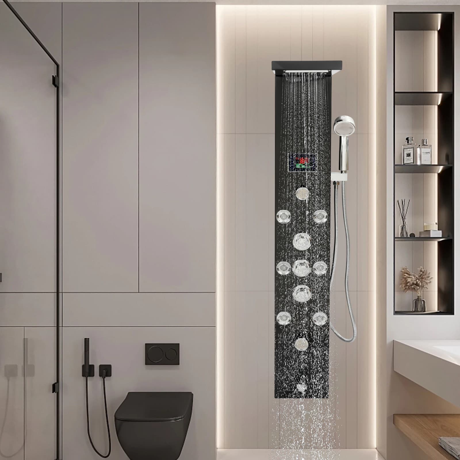 LED 3-Handle Shower Kit Shower Panel Tower System Rainfall Shower Head Waterfall