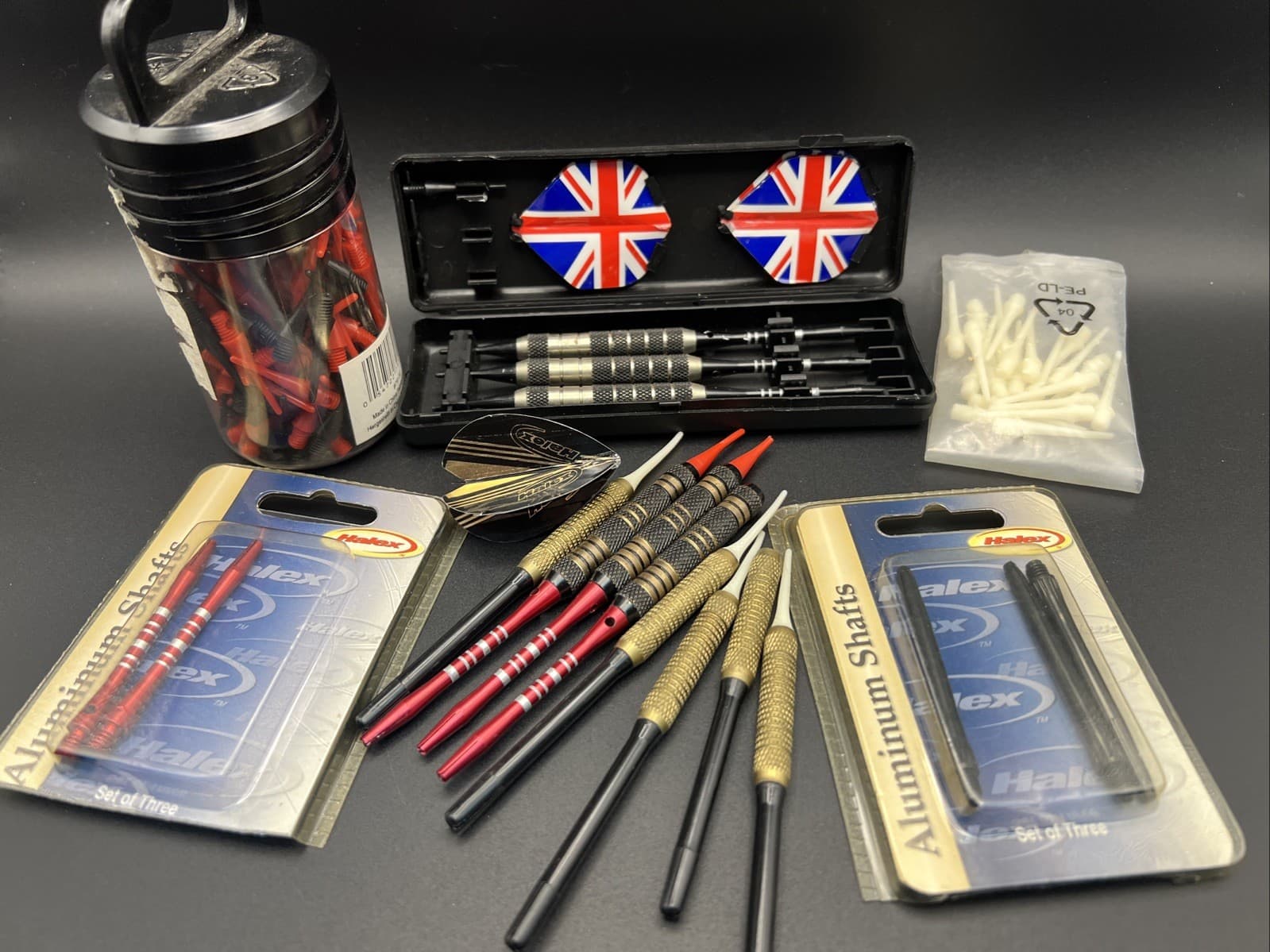 Lot of Darts & Parts Halex Aluminum Shafts, Soft Tip Darts, Flights Union Jack