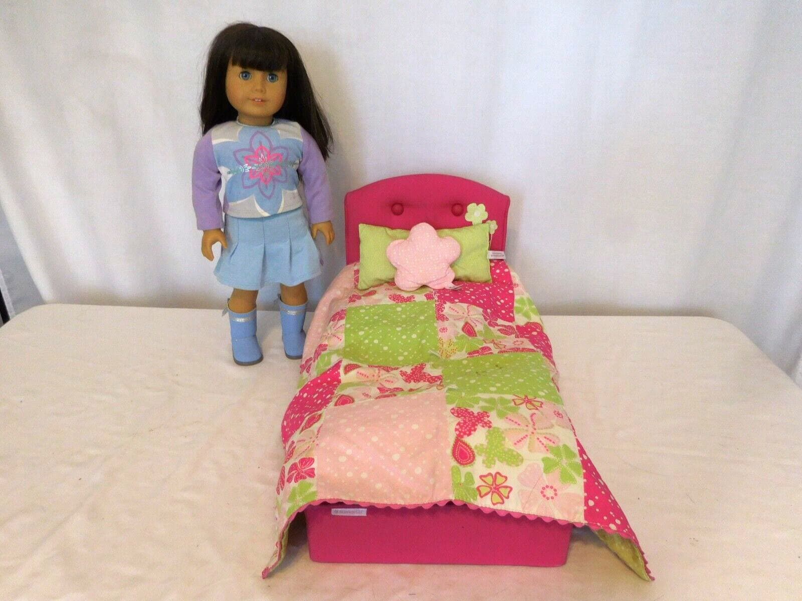 American Girl Retired Blossoms & Blooms Pink Floral Doll Bed & Bedding + Doll