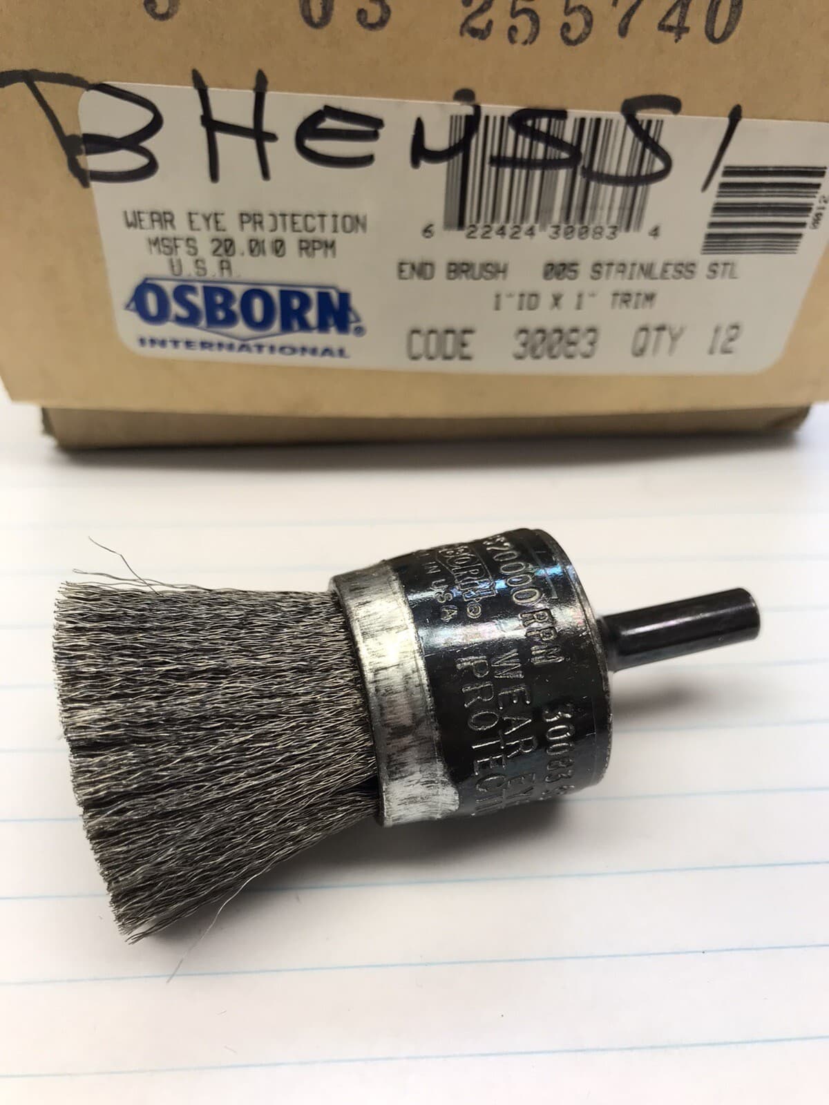 1 pc. OSBORN 1” X 1” TRIM .005 STAINLESS STEEL END BRUSH. 1/4” SHANK (loc stk)