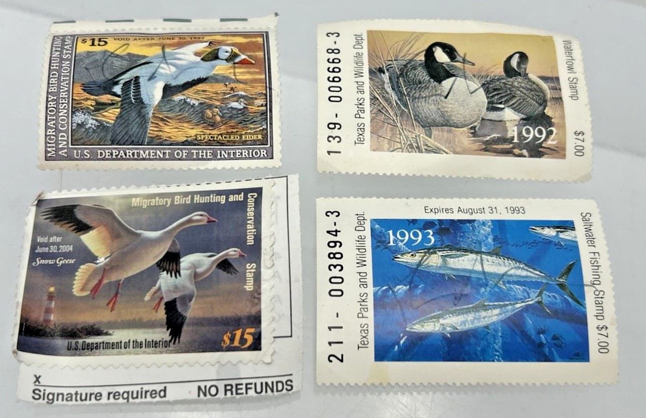 Lot 4 Collectible Hunting Fishing Conservation and Wildlife Stamps 1992 & 1993