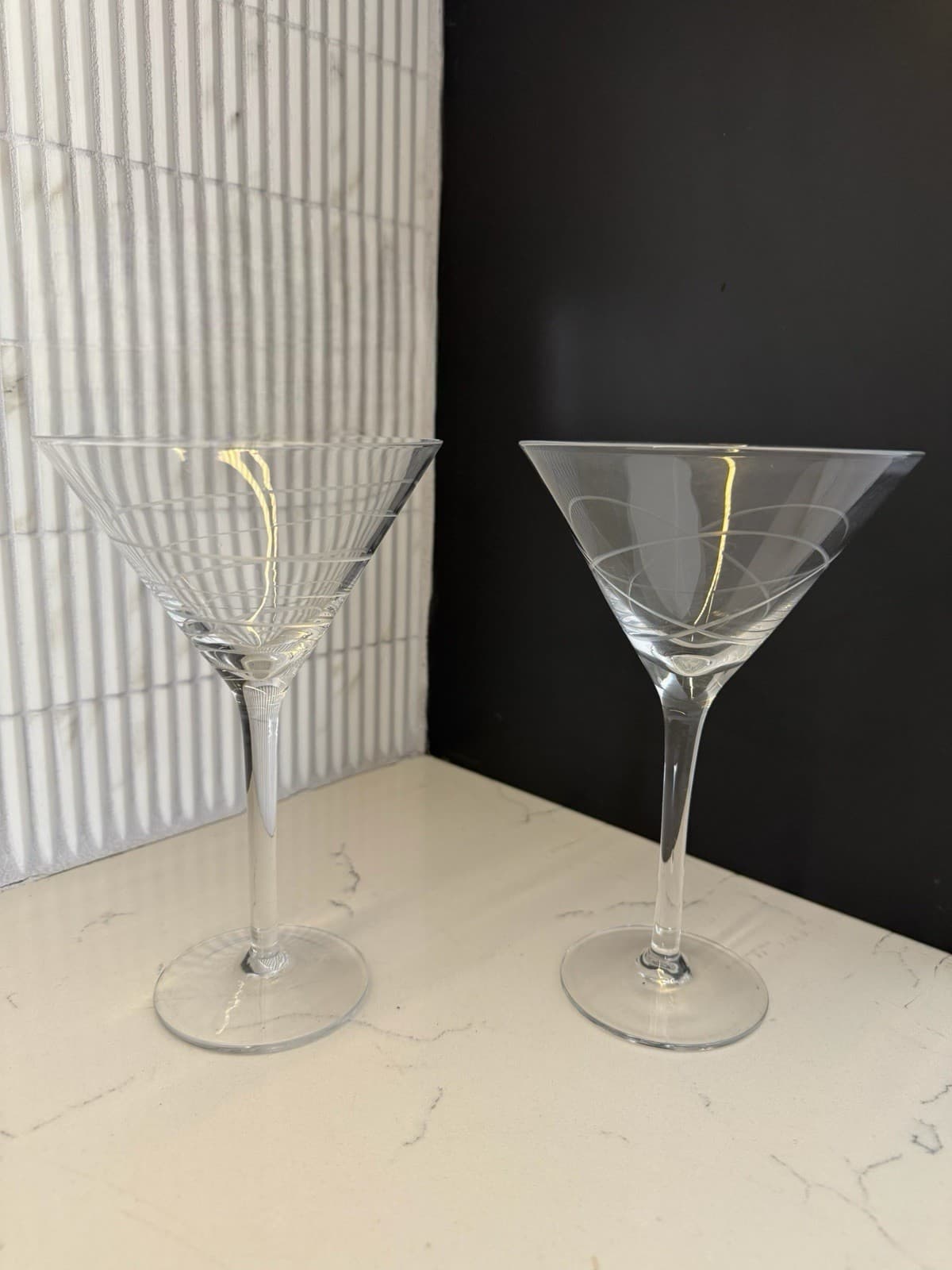 Lot of 2 MIKASA Crystal Glass Cheers Etched Swirl Martini Glasses
