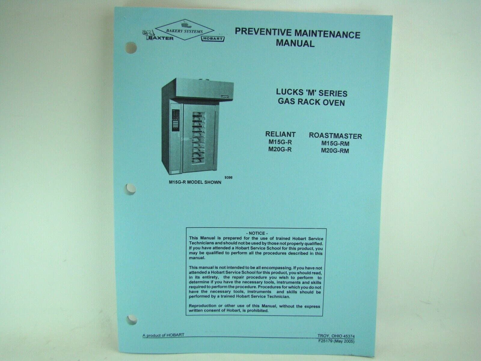 Hobart Lucks M Series Gas Rack Oven Preventive Maintenance Manual M15G-R, M20G-R