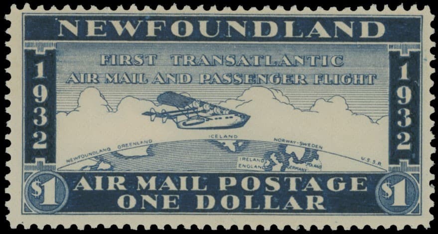 1932, NEWFOUNDLAND AIR MAIL, WAYZATA $1 DARK BLUE, 1ST TRANSATLANTIC FLIGHT, NH