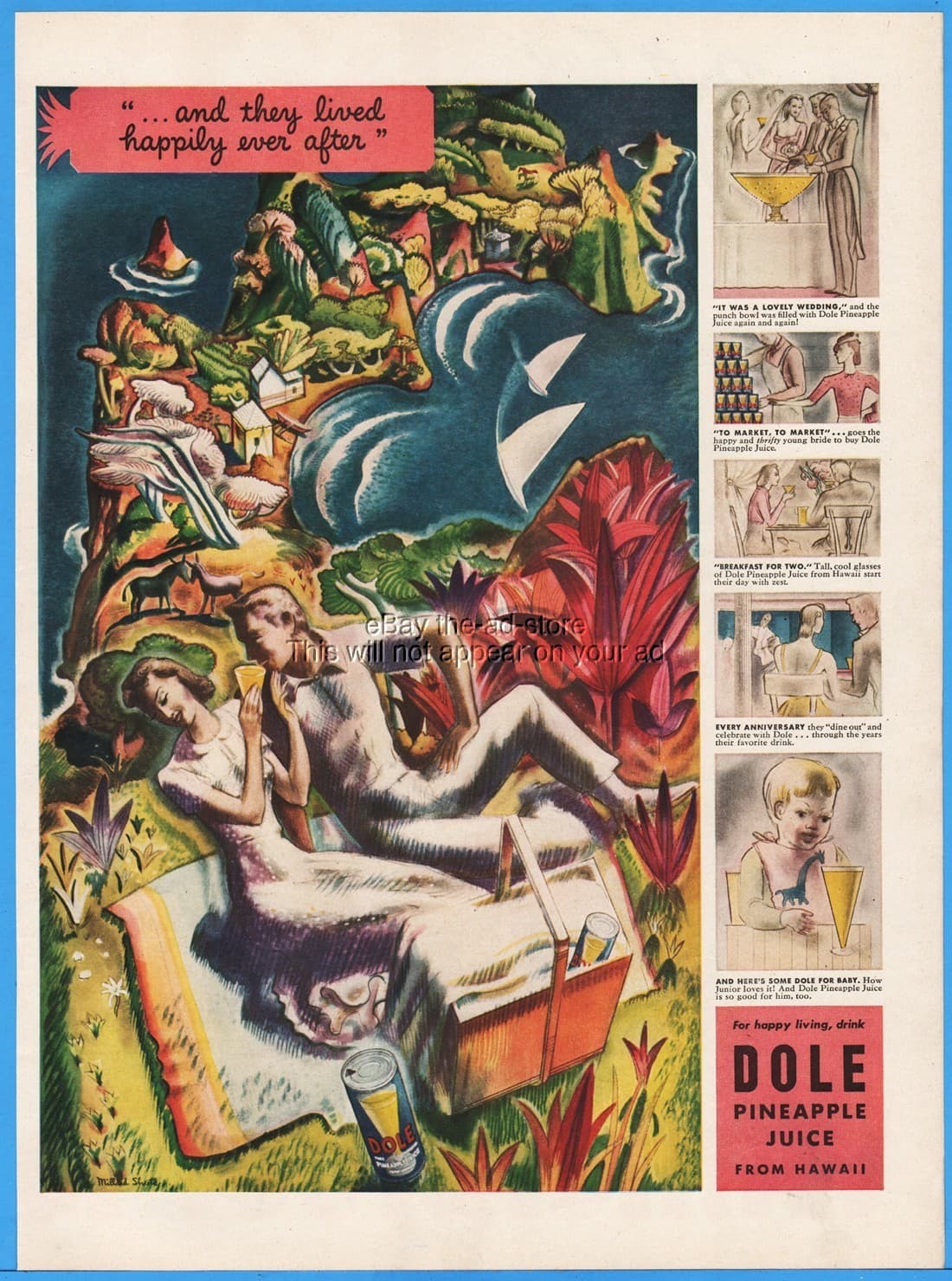 1939 Dole Pineapple Juice Millard Sheets Hawaii Art Happily Ever After Print Ad
