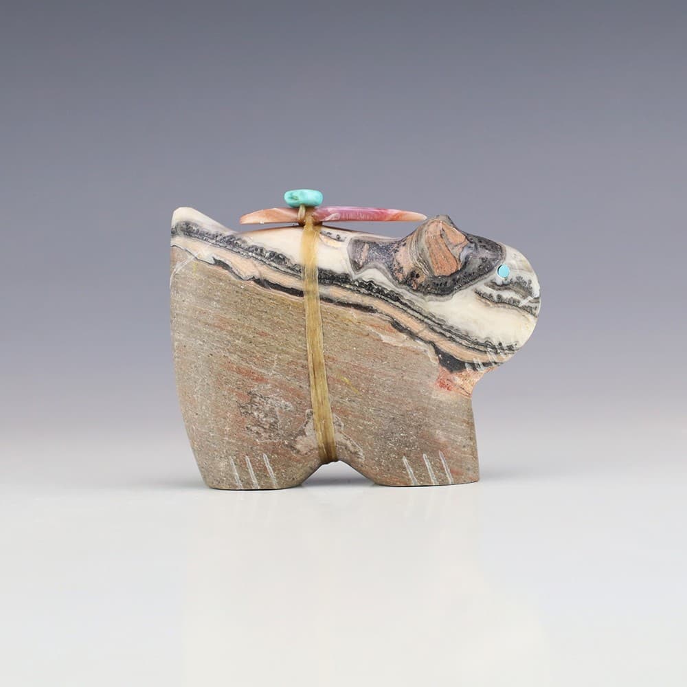 NATIVE AMERICAN ZUNI ZEBRA CALCITE BOBCAT FETISH BY LELAND BOONE & DAPHNE QUAM