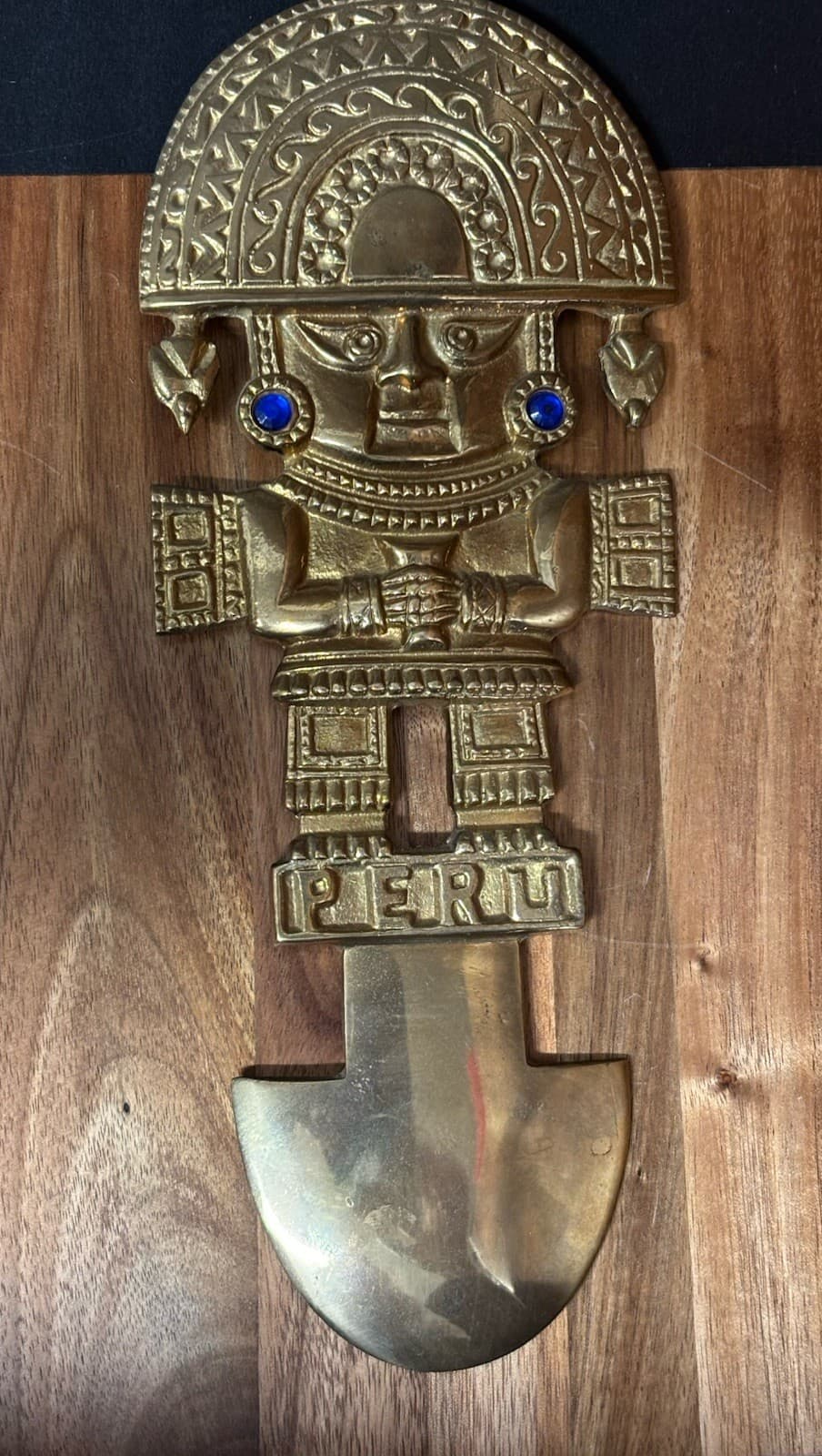 Vtg Brass Peru Peruvian Inca Tumi Ceremonial Hanging Wall Art Blue Rhinestones