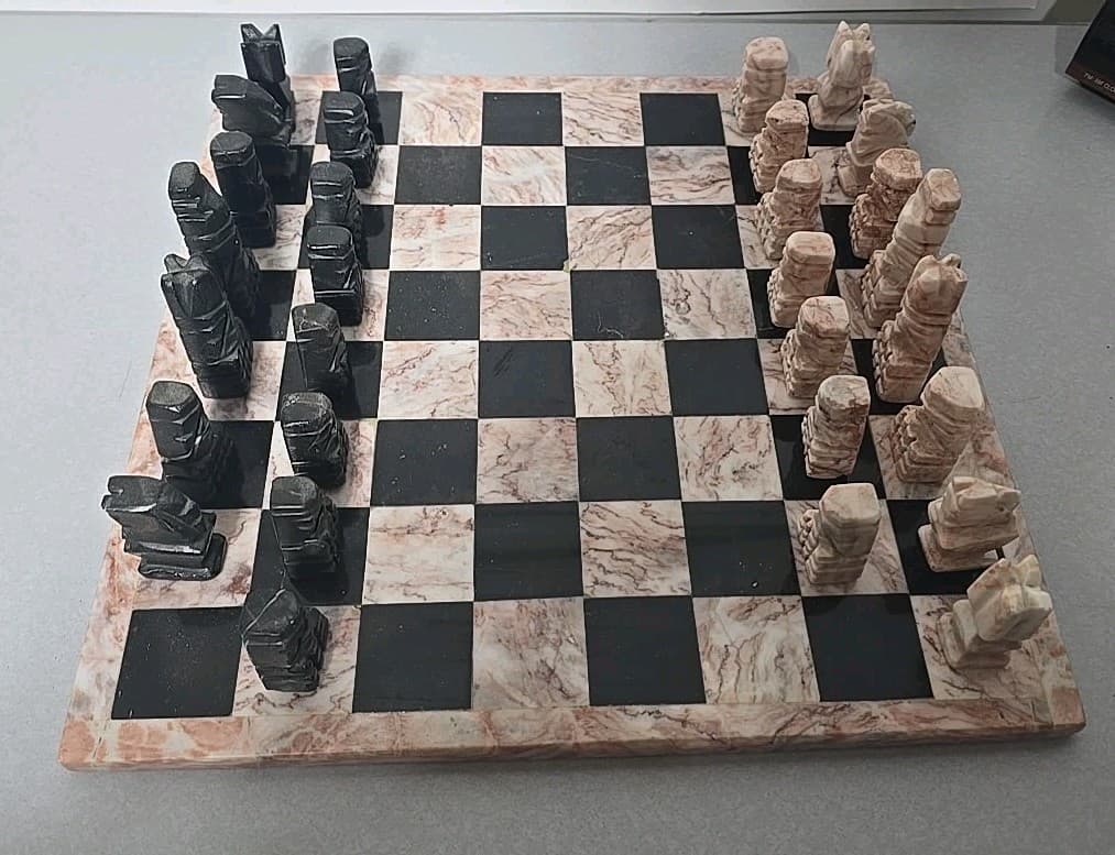 13.5 x 13.5 Inch Stone Chess Set With Hand Carved Pieces. SEE DESCRIPTION
