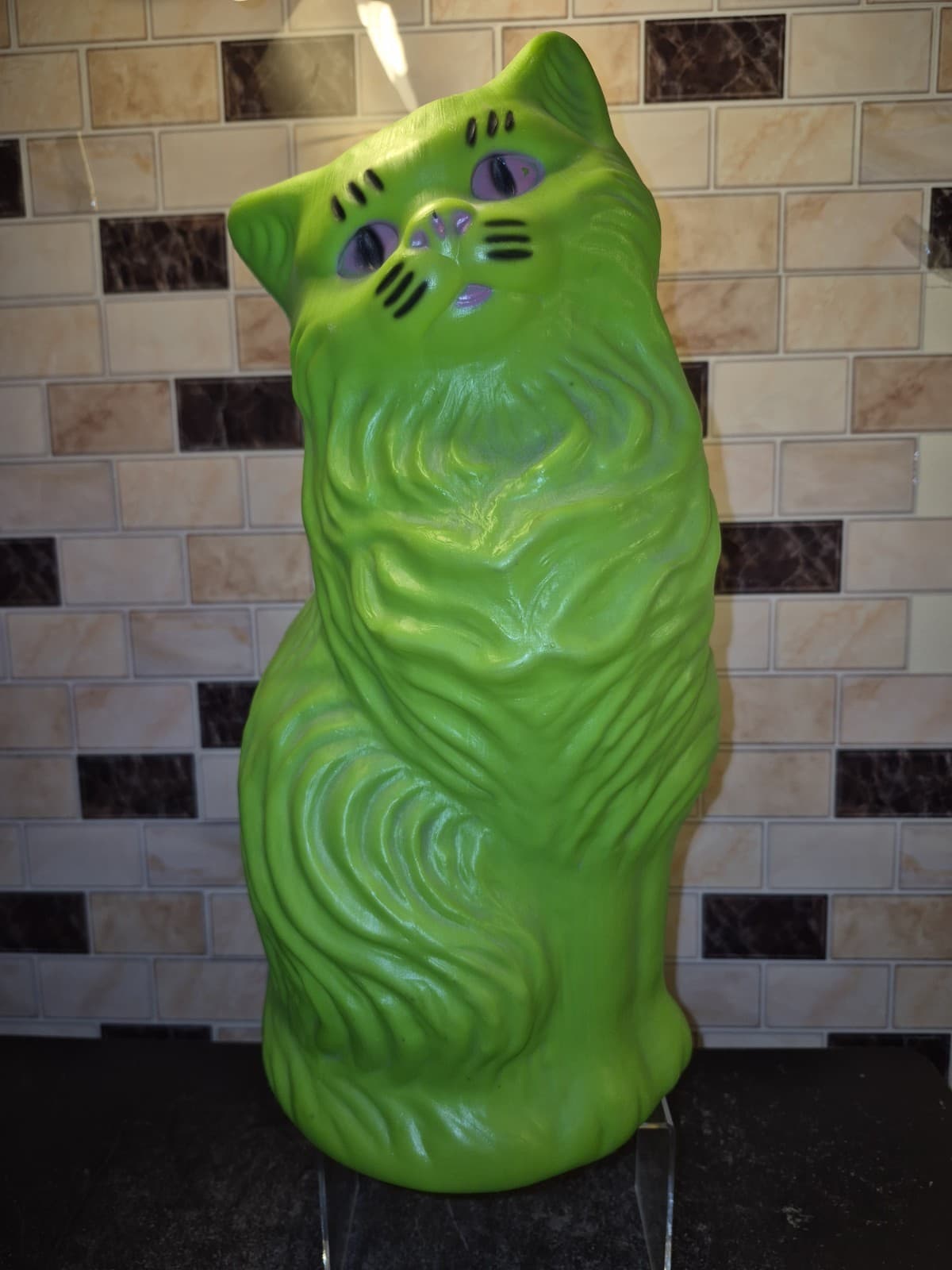 Vintage A.J. Renzi 16 Inch Cat Blow Mold Coin Money Bank Green With Pink Eyes