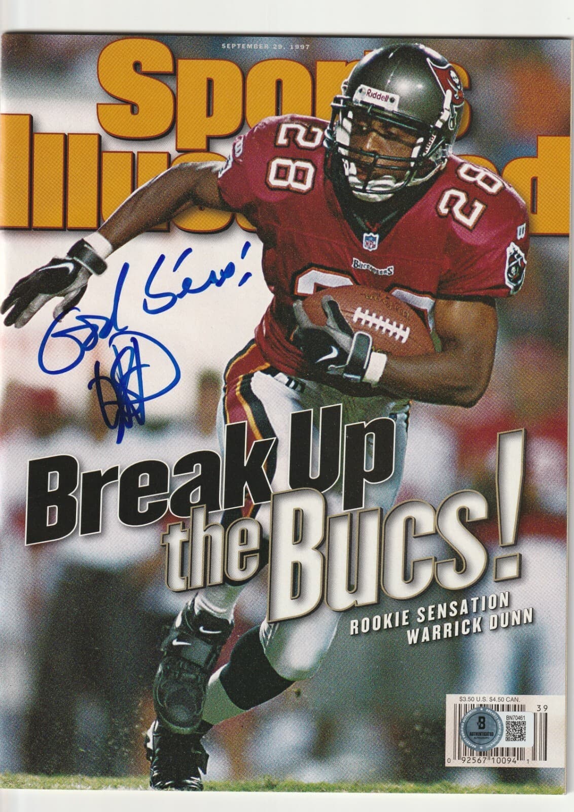 WARRICK DUNN Signed 9/29/97 SPORTS ILLUSTRATED Beckett Auth. (BAS) NO LABEL