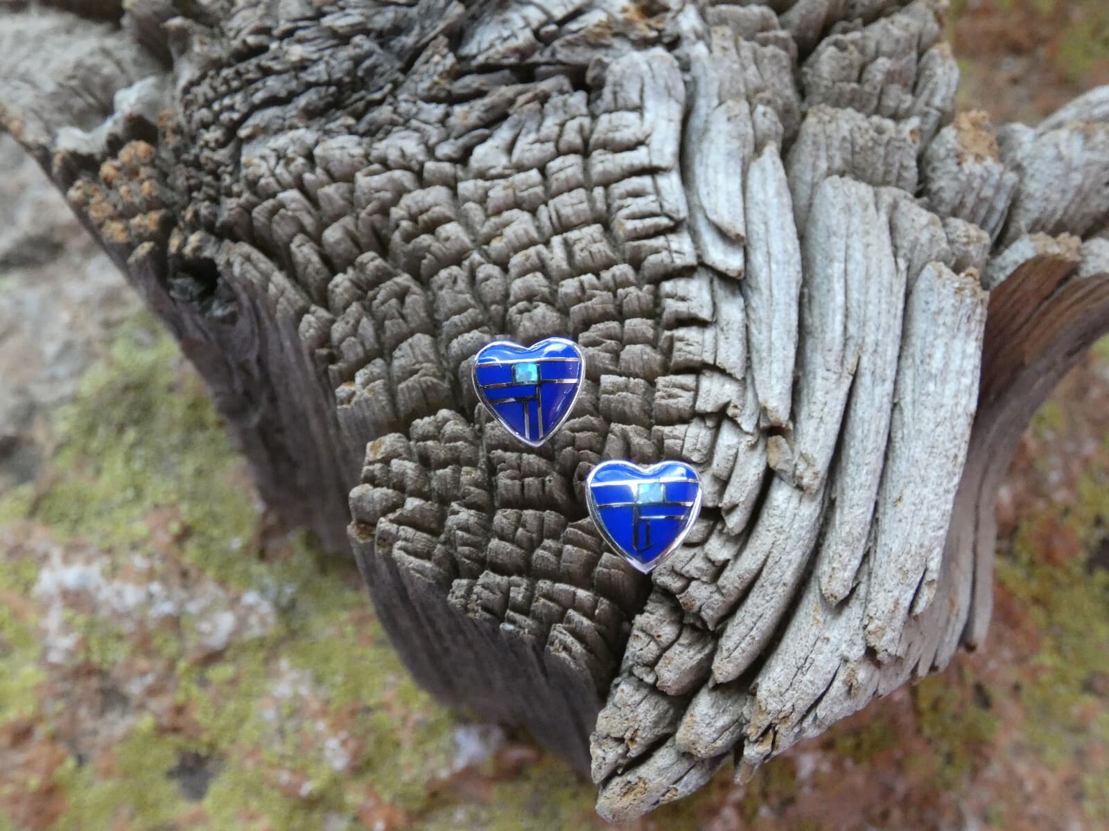 Cute Heart Lapis & Opal Sterling Silver Southwestern Gemstone Post Earrings B67