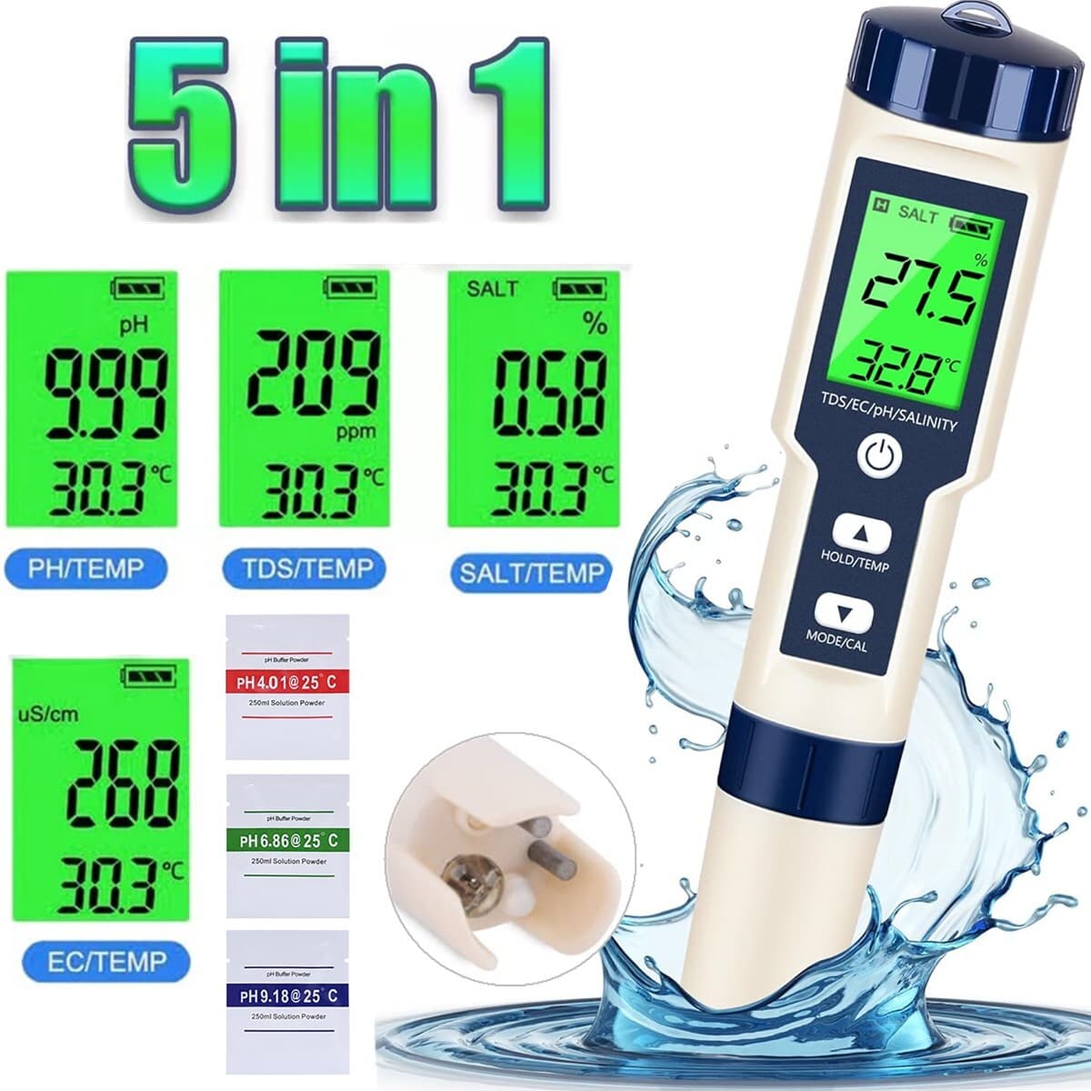 PH/TDS/EC/Salinity/Temperature 5 In 1 Digital Water Quality Meter Tester Tool US