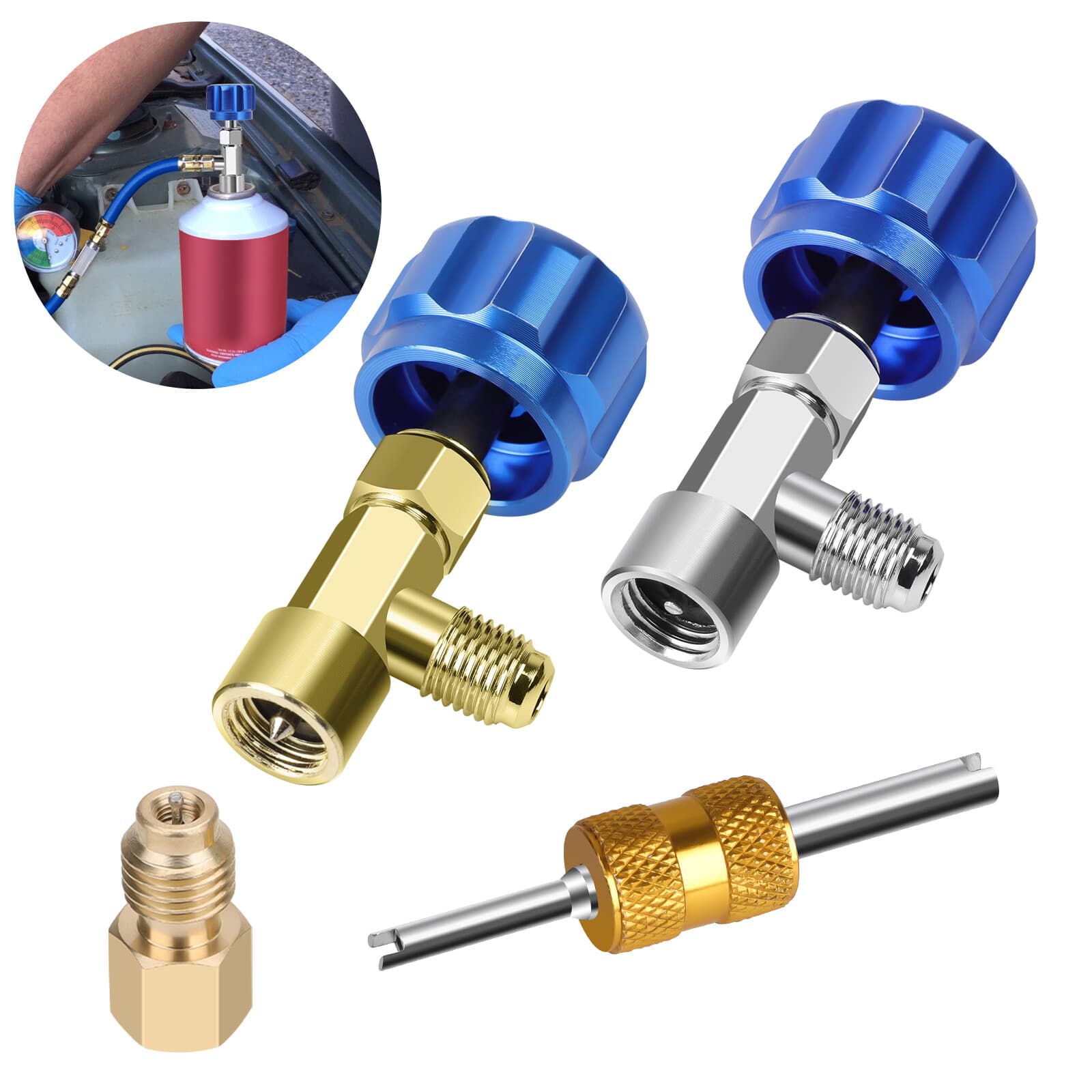Car A/C R1234YF Quick Coupler Adapter Set with Self-Sealing & Puncture Can Tap