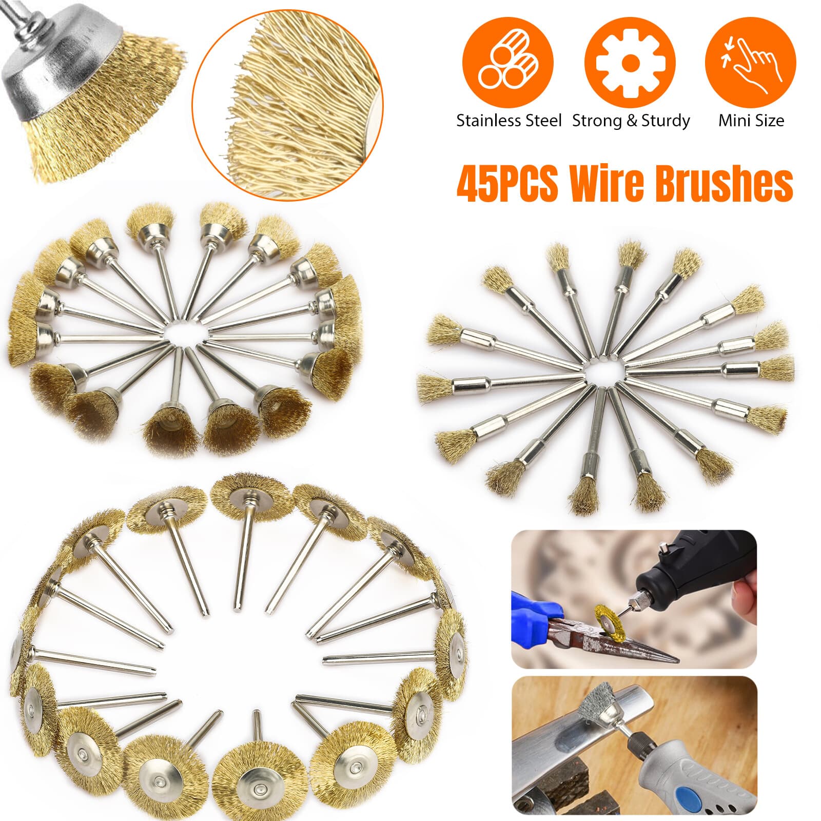 45x 1/8" Steel Wire Cup Wheel Bowl Pen Polishing Mix Brush Set for Rotary Tool