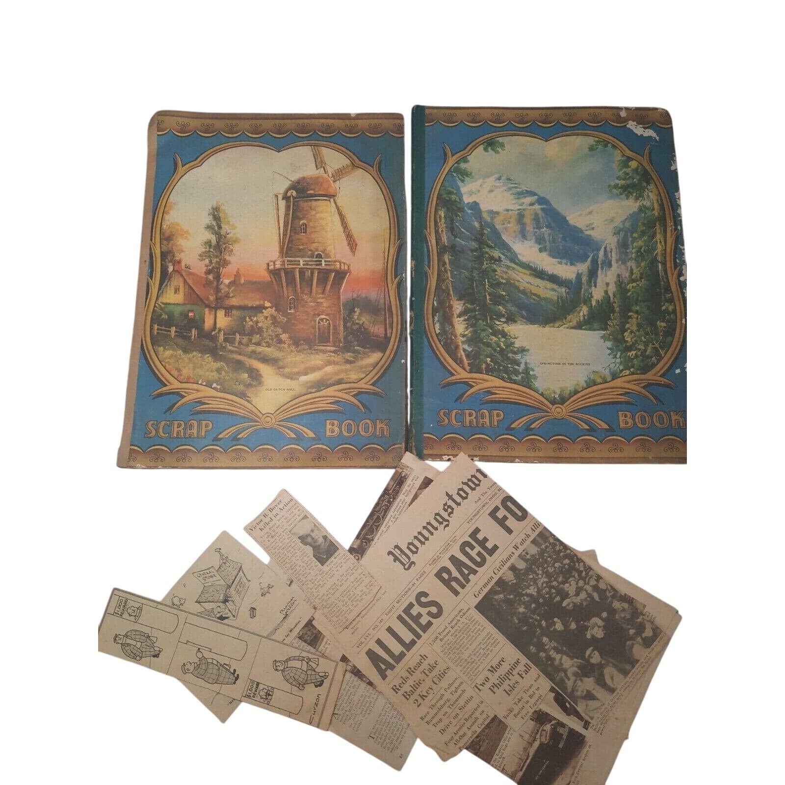 VTG 1940s Scrapbook Lot of 2 WWII Era – Comics, Jokes, Clippings – 1 Blank READ