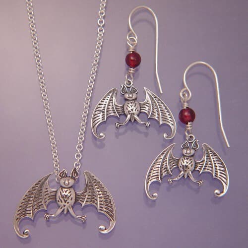 EDWARD GOREY SILVER JEWELRY - FLYING BAT NECKLACE & EARRINGS SET - LITERARY ART