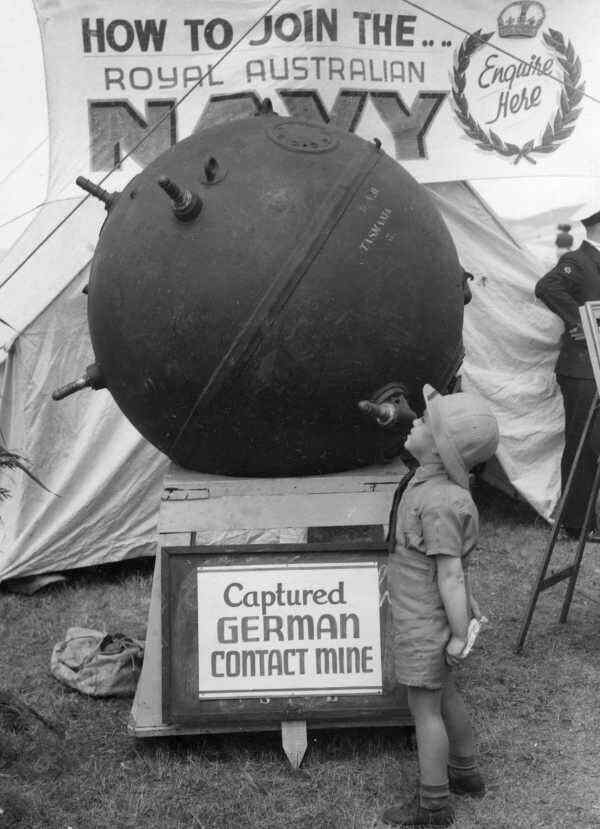 WW2 Photo Australian Boy and German Naval Mine WWII World War Two