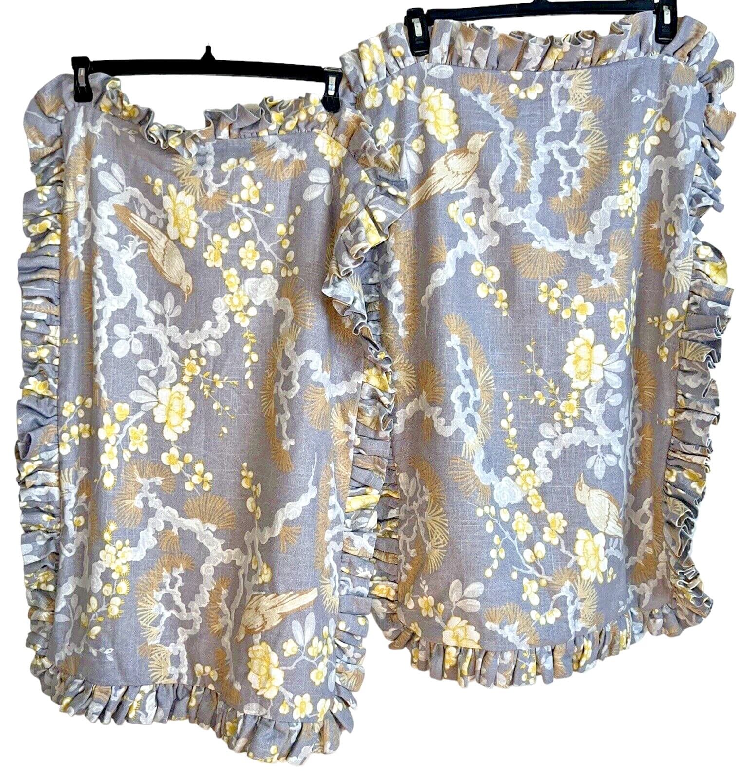 2 Handmade Pillow Shams Gray & Yellow Flowers & Birds Expensive Linen Fabric 35”