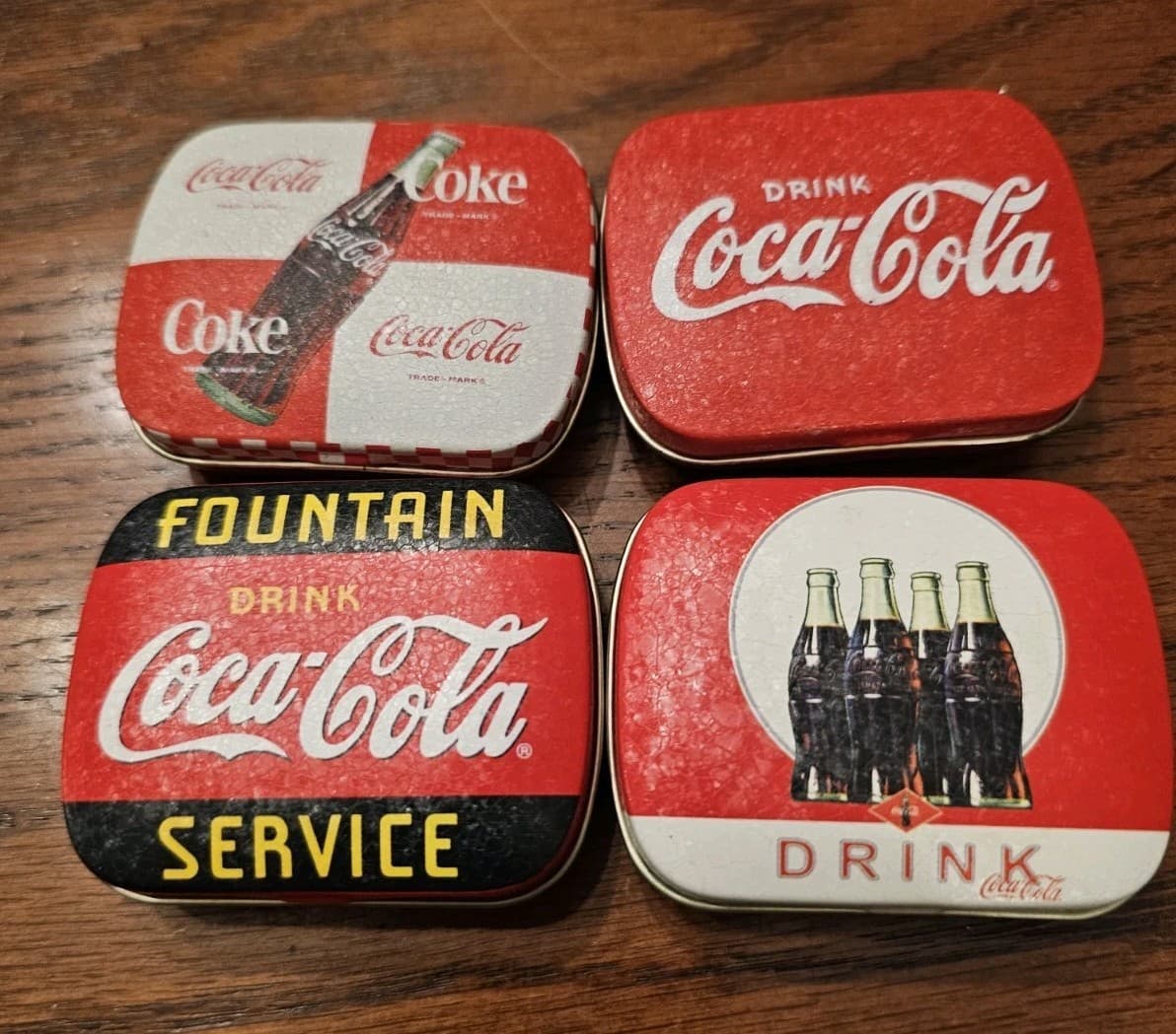 Lot 4 Vintage Coca-Cola Coke Collectible Mini Graphic Metal Small Pocket Tins