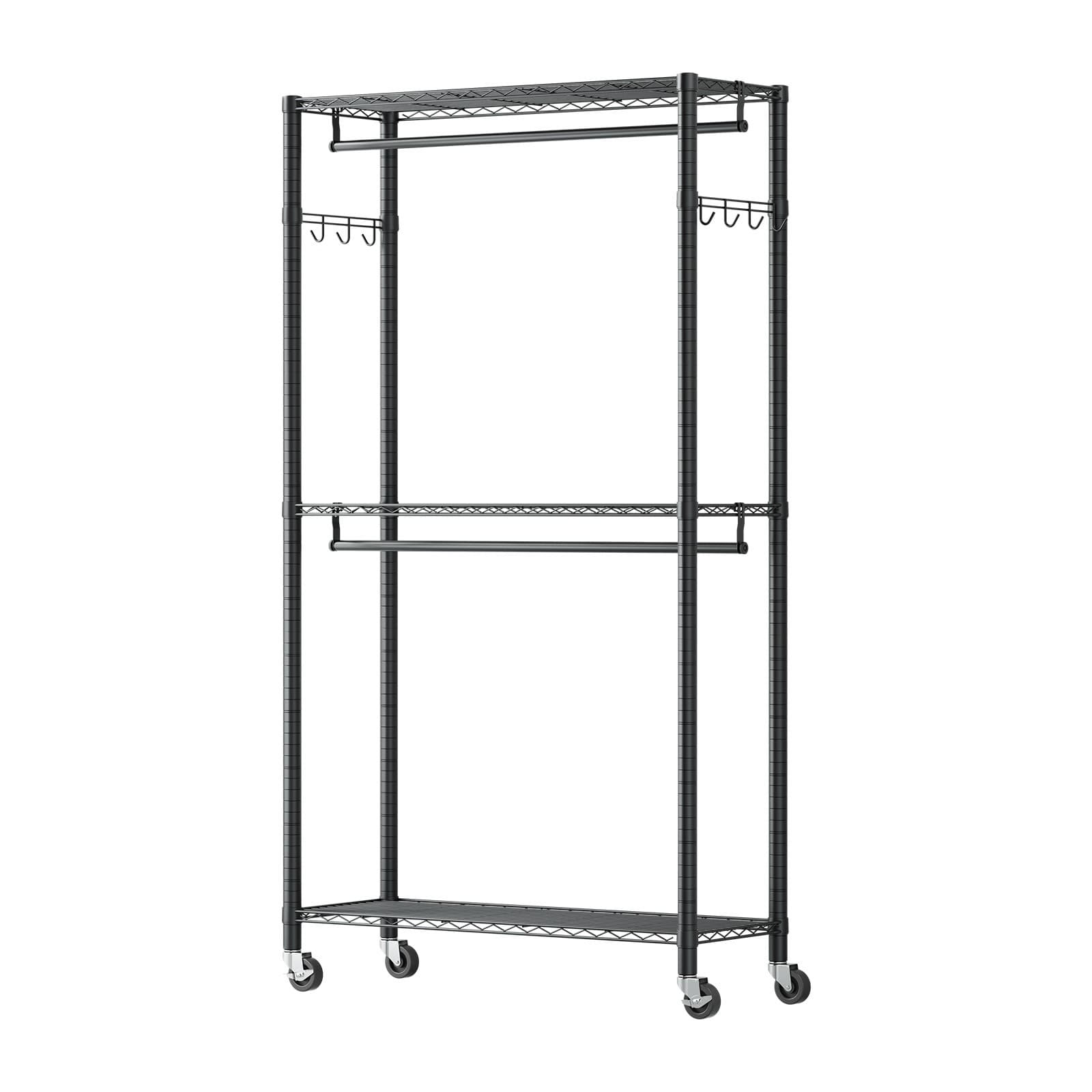 Uimoso Adjustable 3-Tier Rolling Garment Rack for Clothing Storage, Black