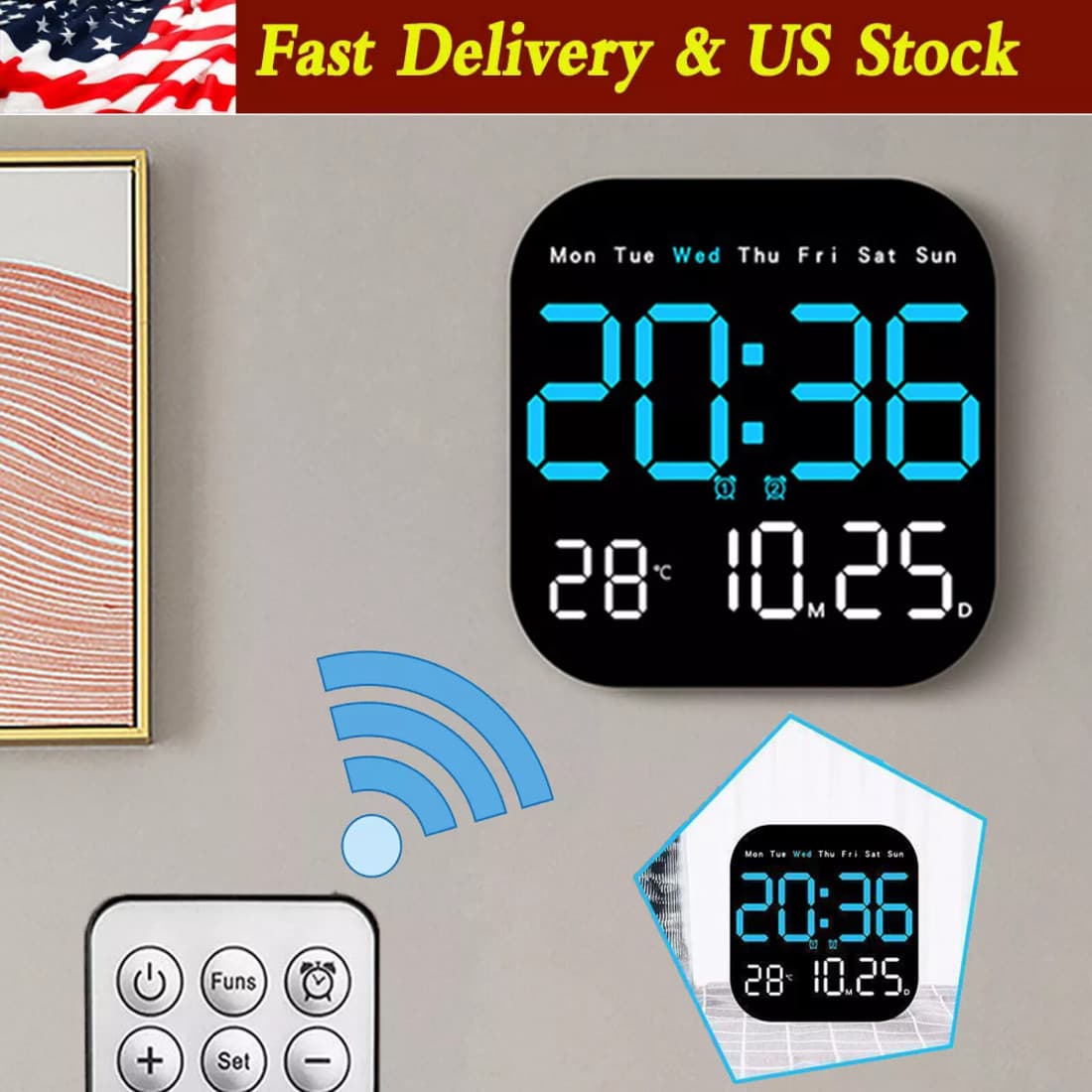 Square LED Large Digital Wall Clock Remote Control Temperature Date Week Display