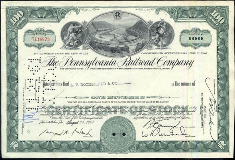Pennsylvania Railroad 100-share Stock Certificate 8/24 1961