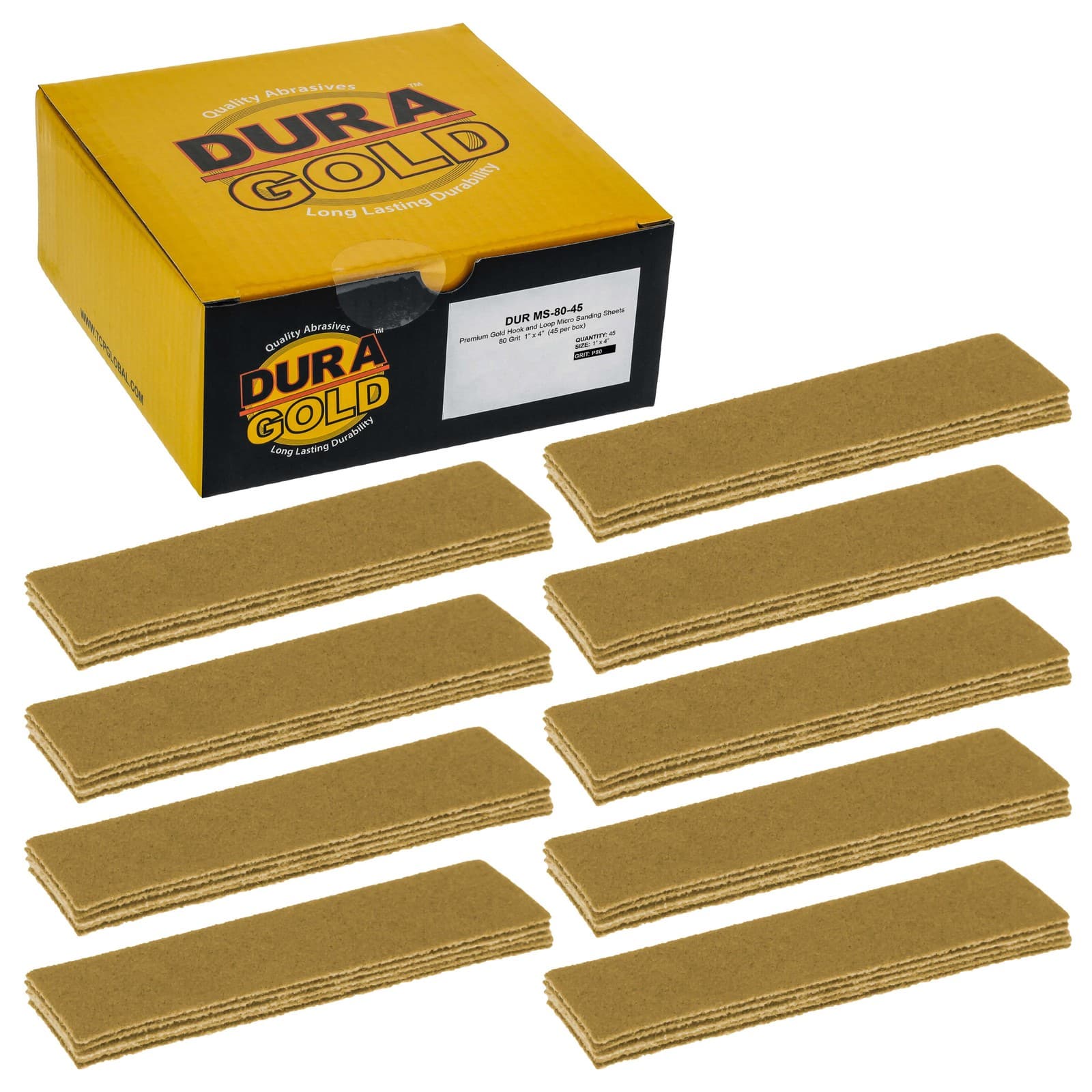 1" x 4" Sandpaper Micro Sheets, 80 Grit - 45 Hook & Loop Sheets - Hand Sanding