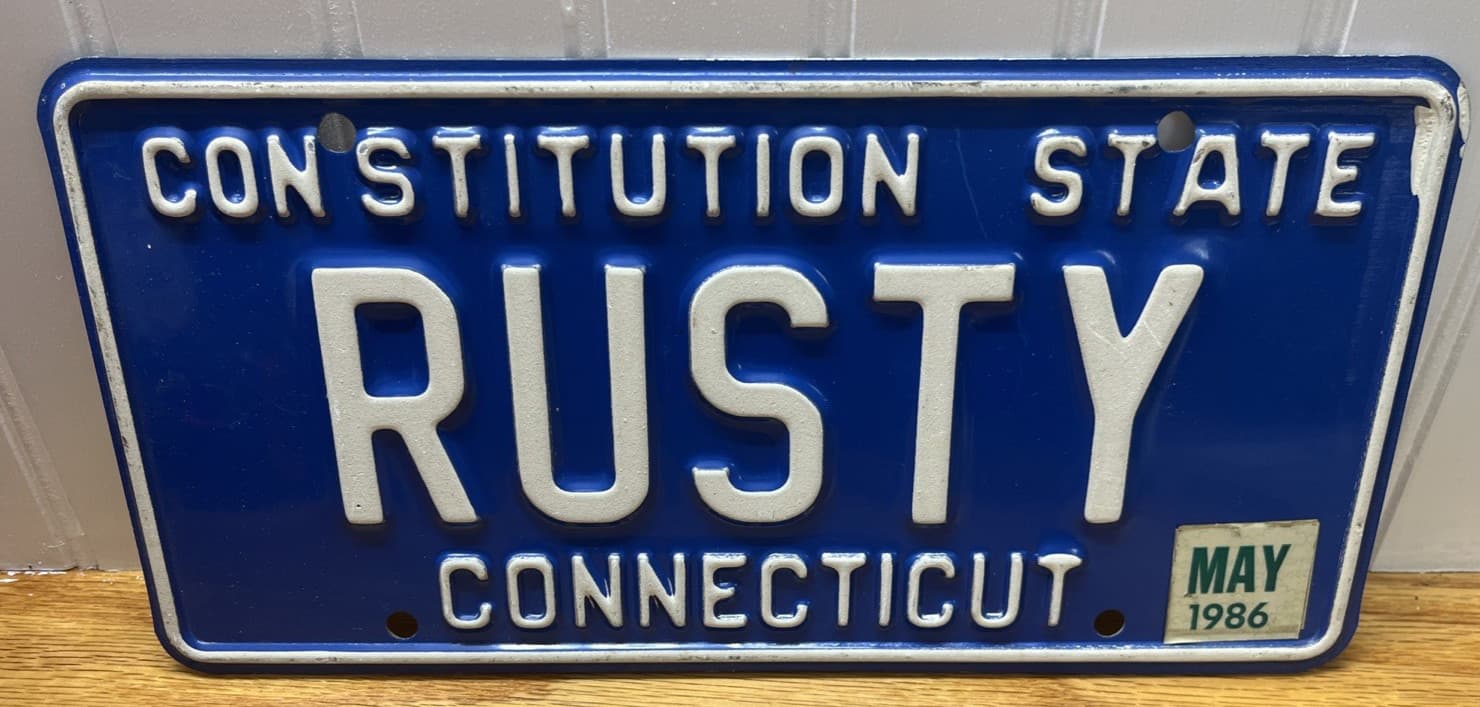 1986 Connectic Vanity License Plate Personalized Rusty