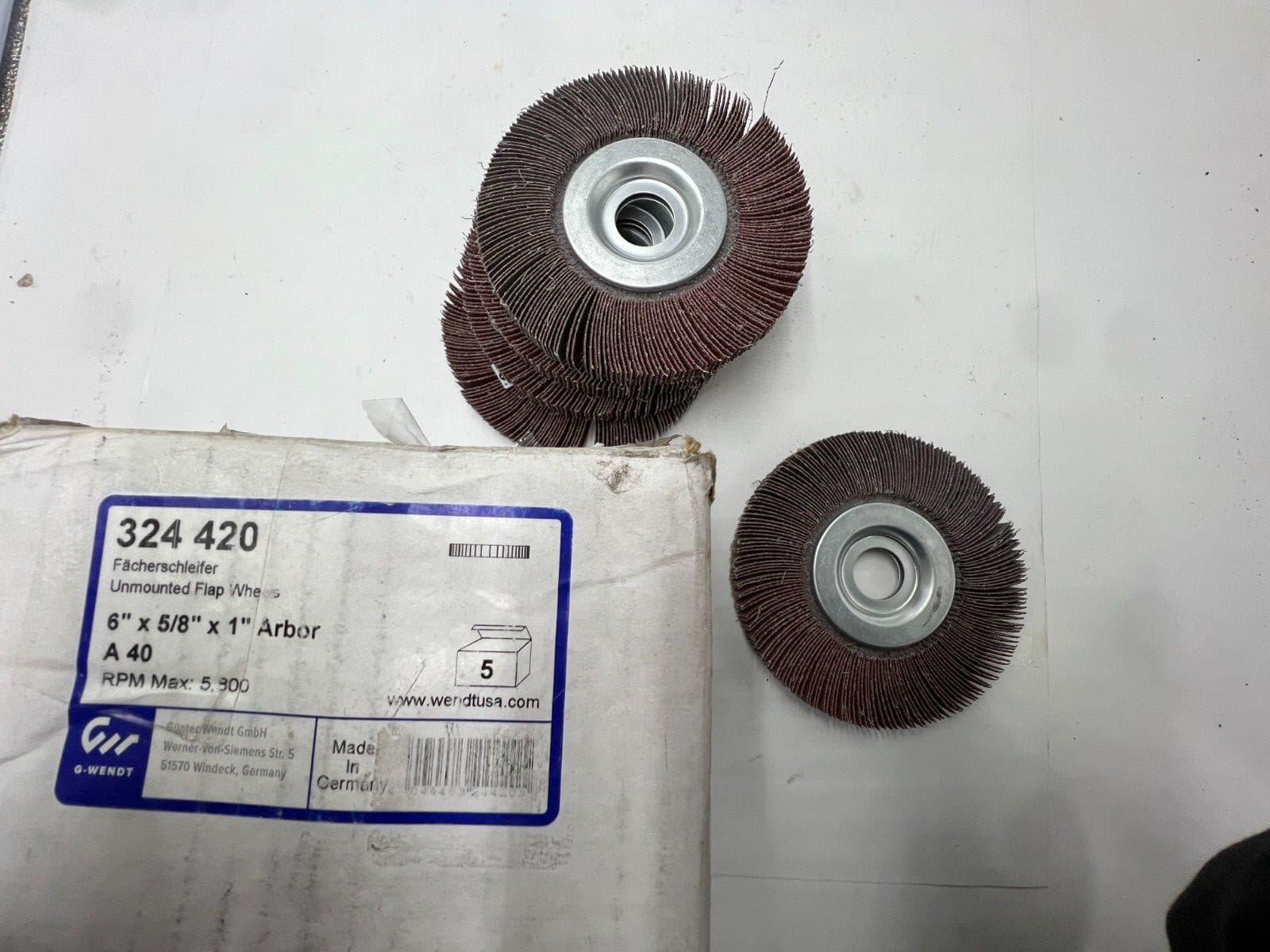 Box of 5 - G-WENDT Unmounted Flap Wheels 6" x 5/8" x 1" Arbor A 40, 324 420
