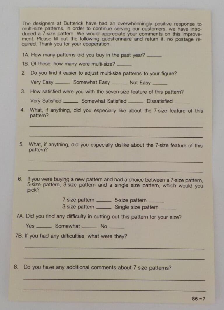 VINTAGE BUTTERICK PATTERNS SURVEY POSTCARD QUESTIONS 1-8 NEVER USED SEWING