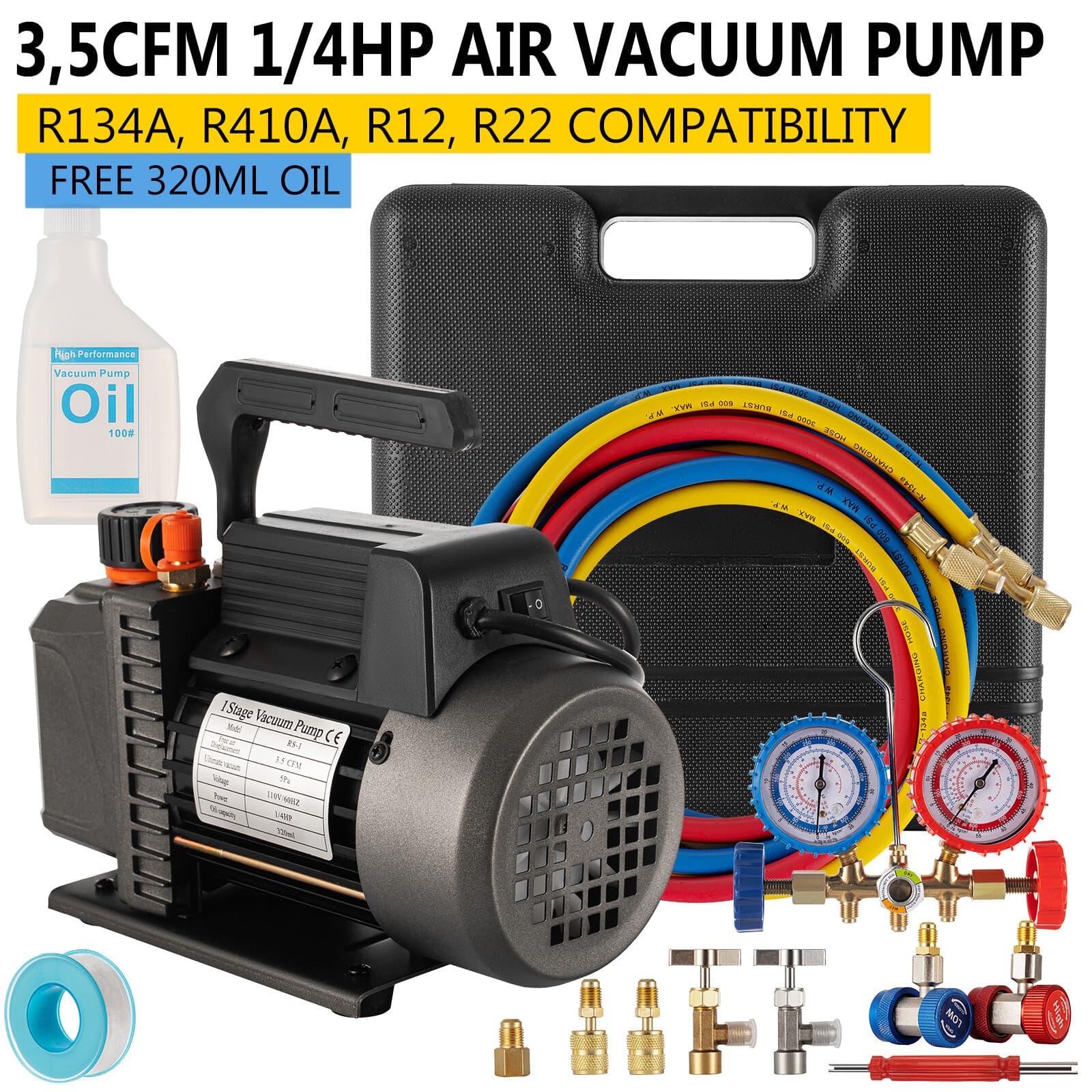 3,5CFM 1/4hp Air Vacuum Pump HVAC Refrigeration AC Manifold Gauge Set R134a Kit