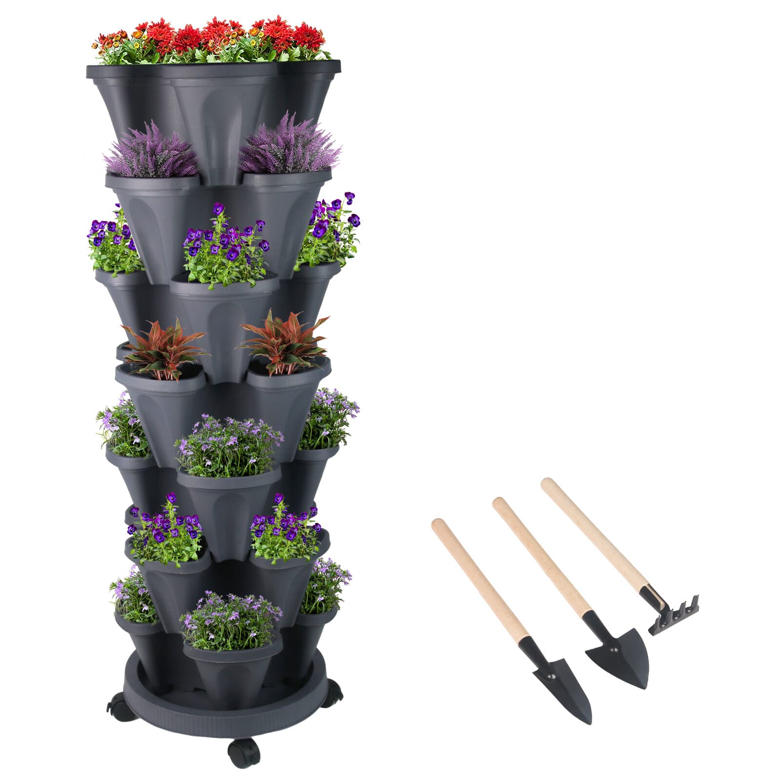 7-Tier Stackable Planters Vertical Planter Garden Flower Pot w/ 4 Wheels & Tools
