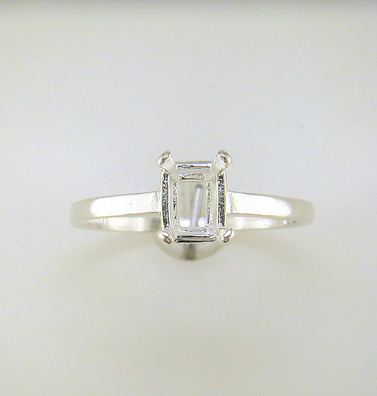 Four Prong Emerald Cut Solitaire Ring Setting Sterling Silver