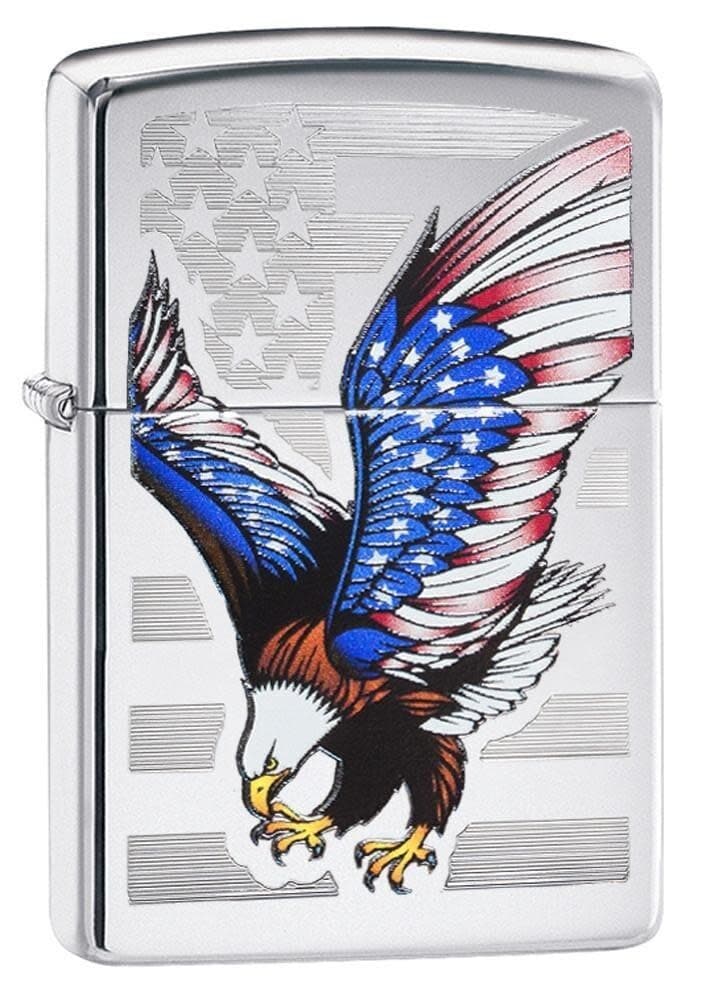 Zippo 28449, American Eagle and Flag, High Polish Chrome Lighter