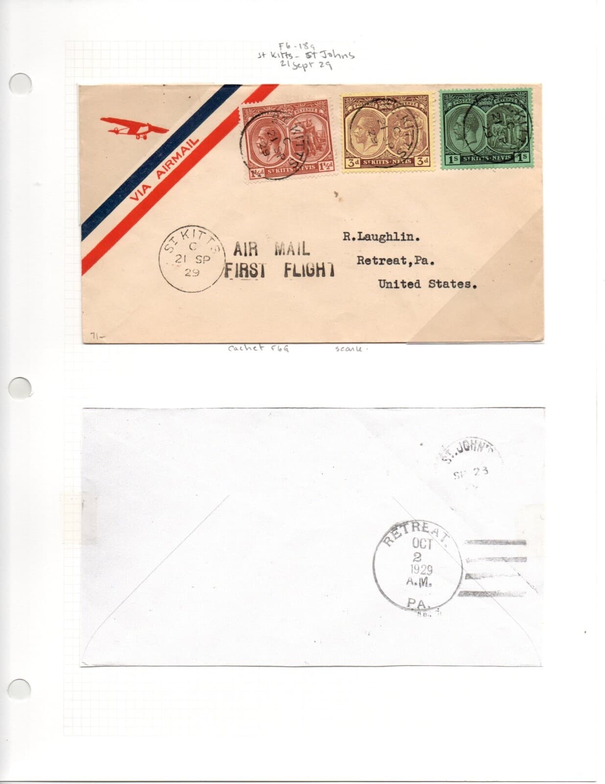 1929 Scarce St Kitts First Flight Cover to St John's, Antigua F6-18a