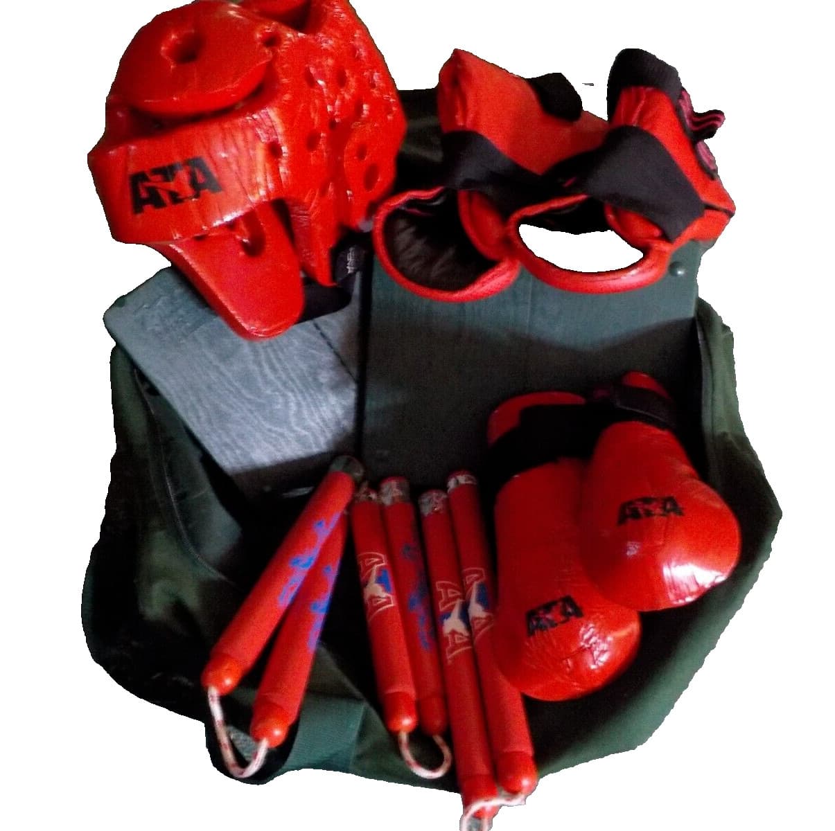 Macho Martial Arts sparring head Gear Gloves, shoes, 3 chucks, 2 boards bag