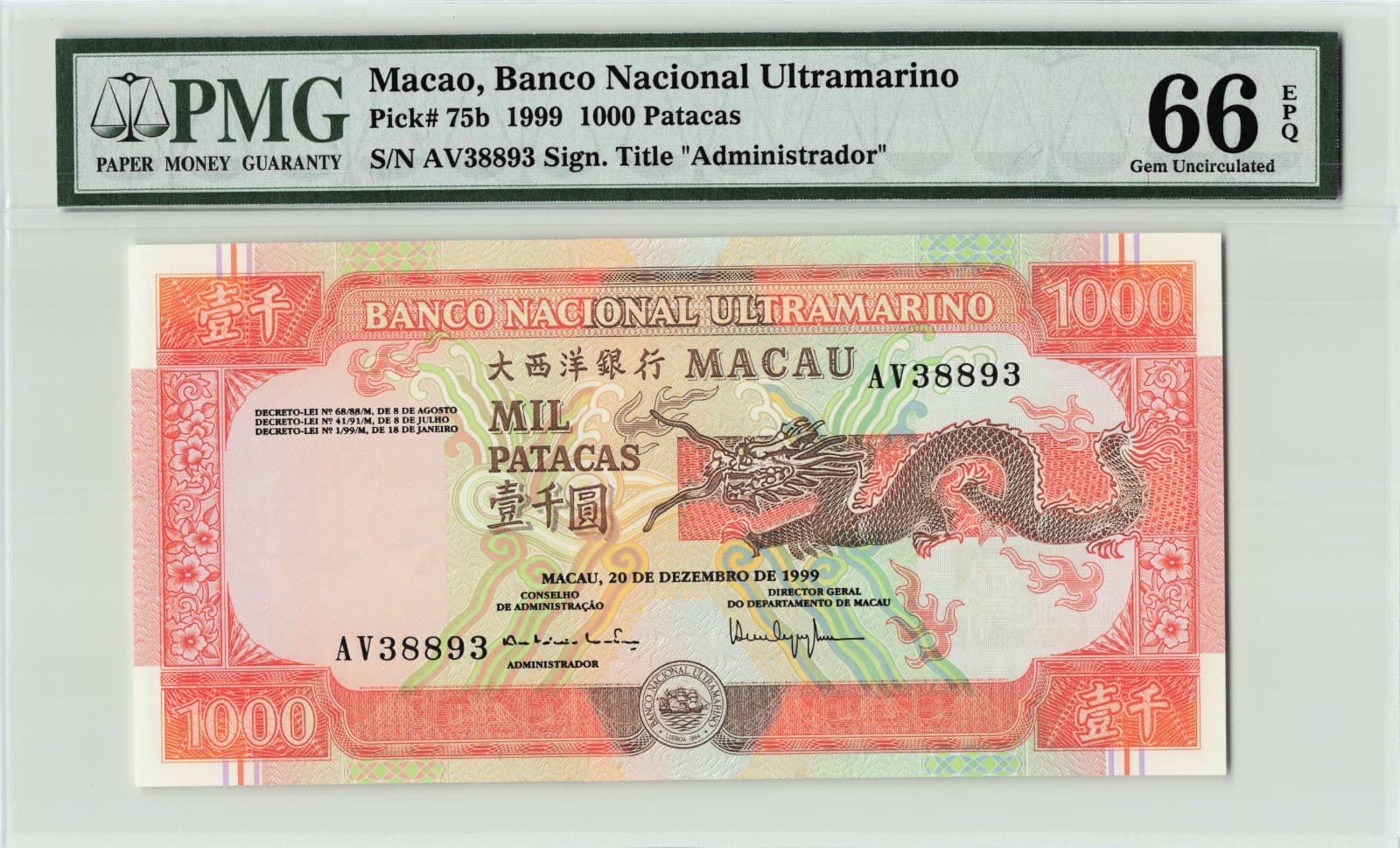 Macao, Banco Nacional Ultramarino 1999, P-75b 1000 Patacas, PMG Graded 66