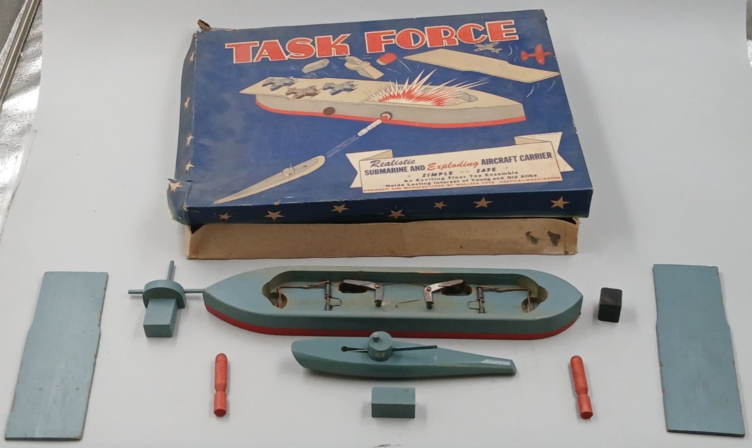 Vintage Wallace Task Force Submarine & Exploding Aircraft Carrier Wooden Toy Set