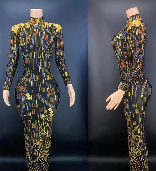 Womens Sexy Skinny Rhinestone Long Dress Shiny Dubai Dress Dinner Party Dress