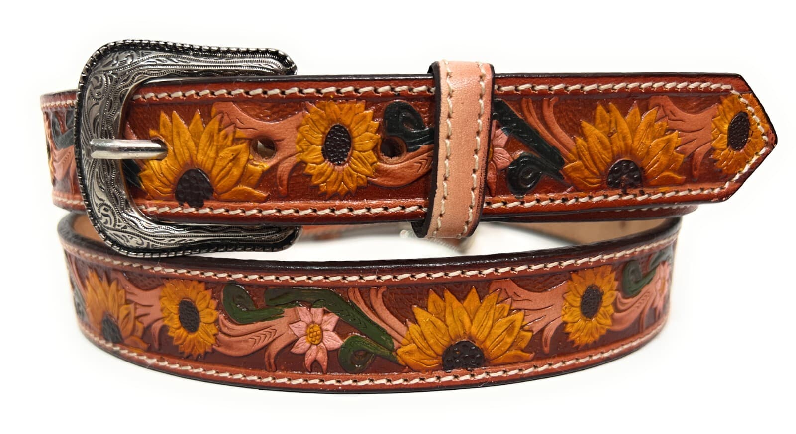 KIDS SUNFLOWER WESTERN LEATHER BELT, HAND DECORATED BABY TODDLER LEATHER BELT