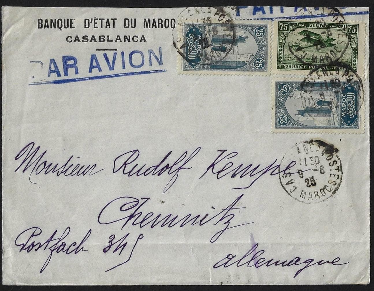 MOROCCO 1925 BANK OF MAROC AIR MAIL COVER CASABLANCA TO CHEMNITZ GERMANY