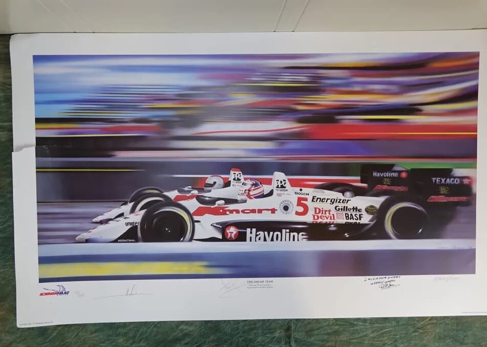 Newman Haas Litho Signed Mansell Andretti, 1993, unframed, bottom corner cut out