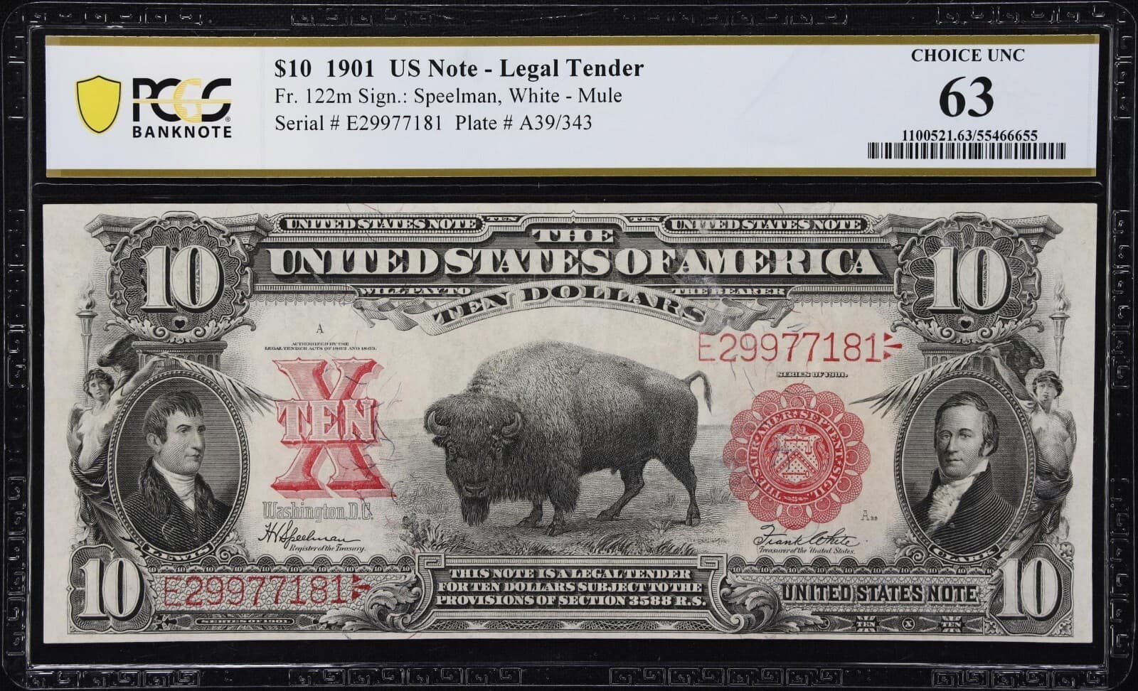 1901 $10 Legal Tender Bison Note FR 122m PCGS Banknote 63 UNC